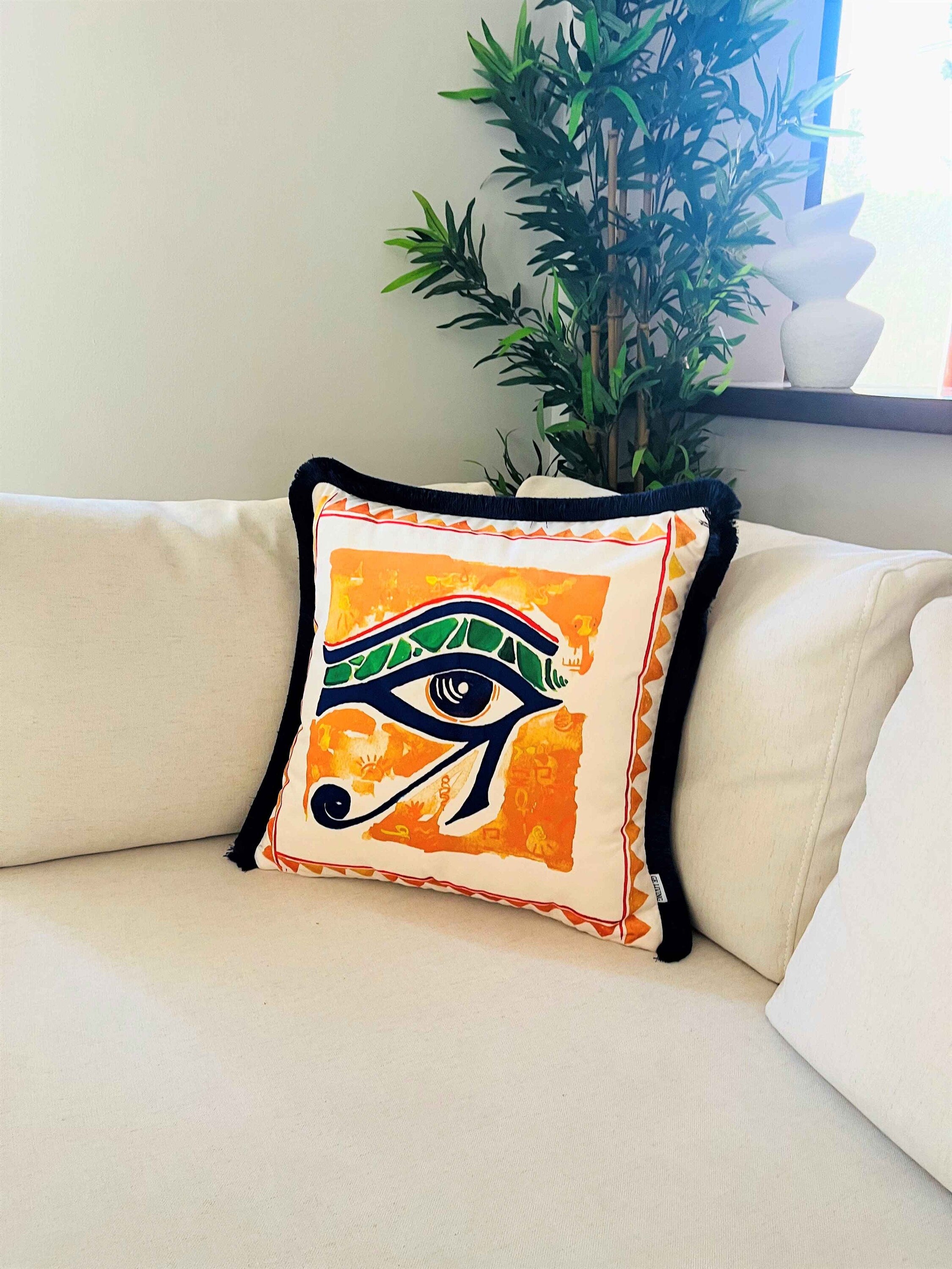 Eye of Horus Pattern Throw Pillow Cover - Yellow Velvet Pillow Case - Navy Tassel Cushion Cover - Ancient Egypt Eye of Ra - World Heritage