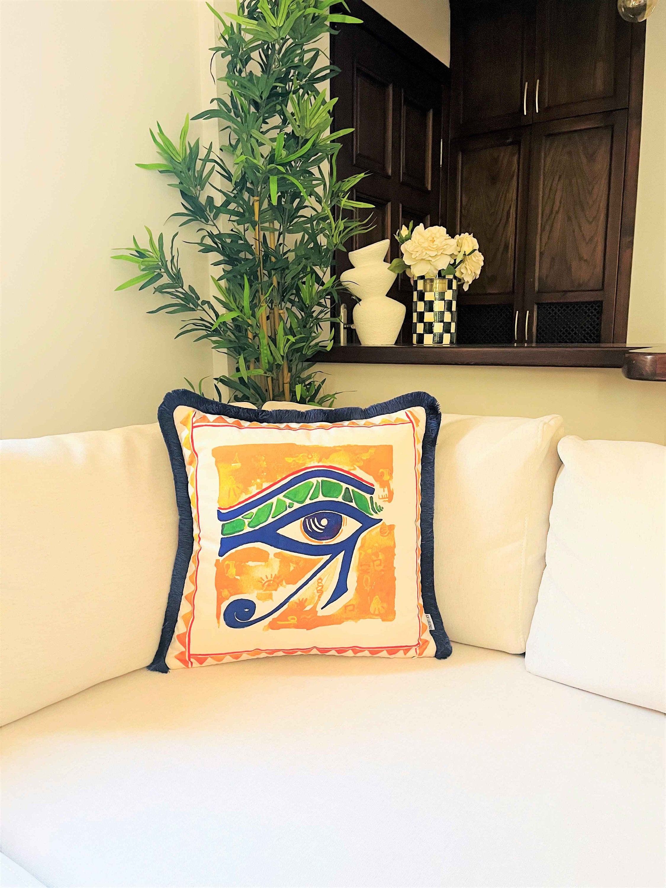 Eye of Horus Pattern Throw Pillow Cover - Yellow Velvet Pillow Case - Navy Tassel Cushion Cover - Ancient Egypt Eye of Ra - World Heritage