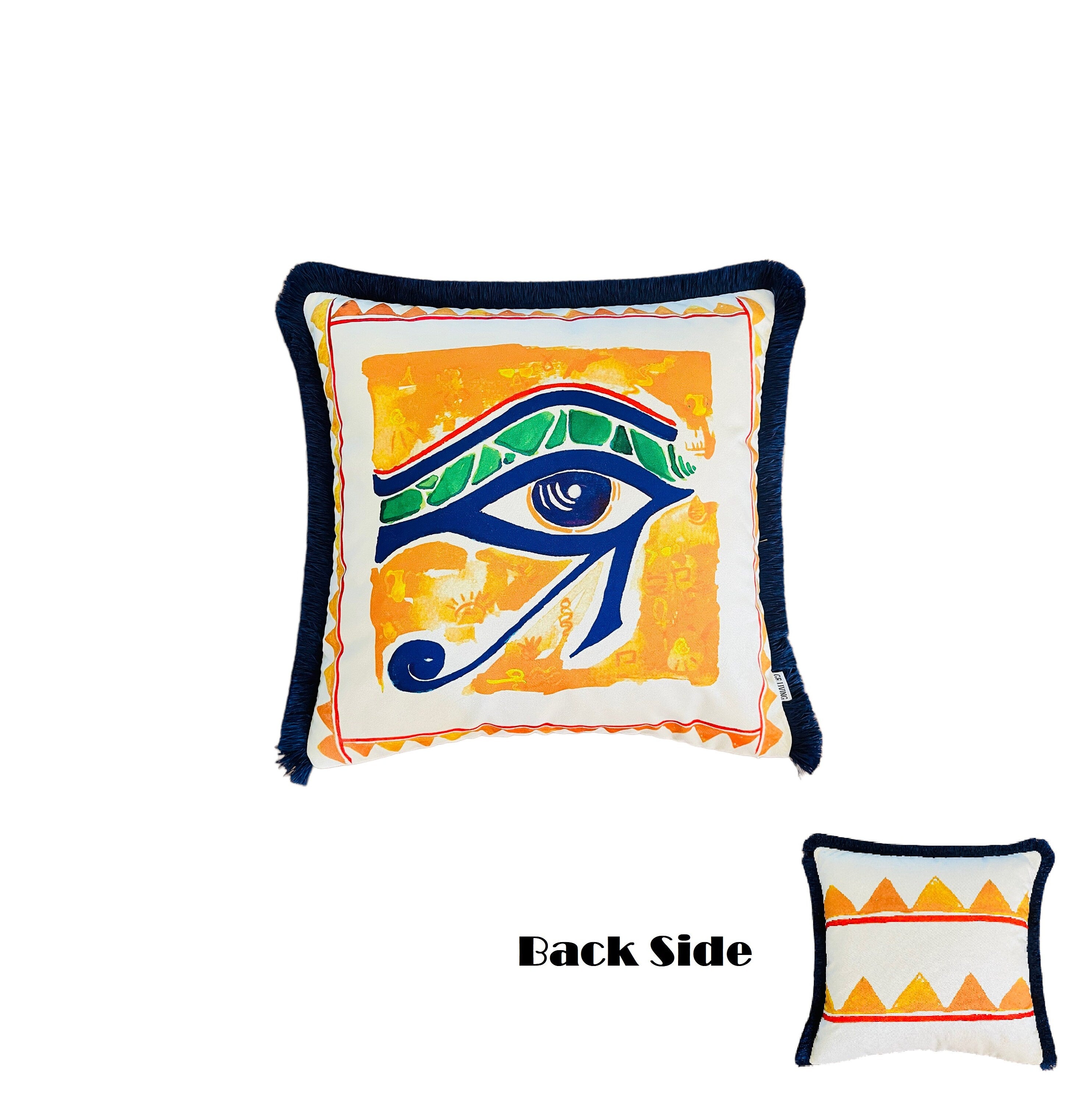 Eye of Horus Pattern Throw Pillow Cover - Yellow Velvet Pillow Case - Navy Tassel Cushion Cover - Ancient Egypt Eye of Ra - World Heritage