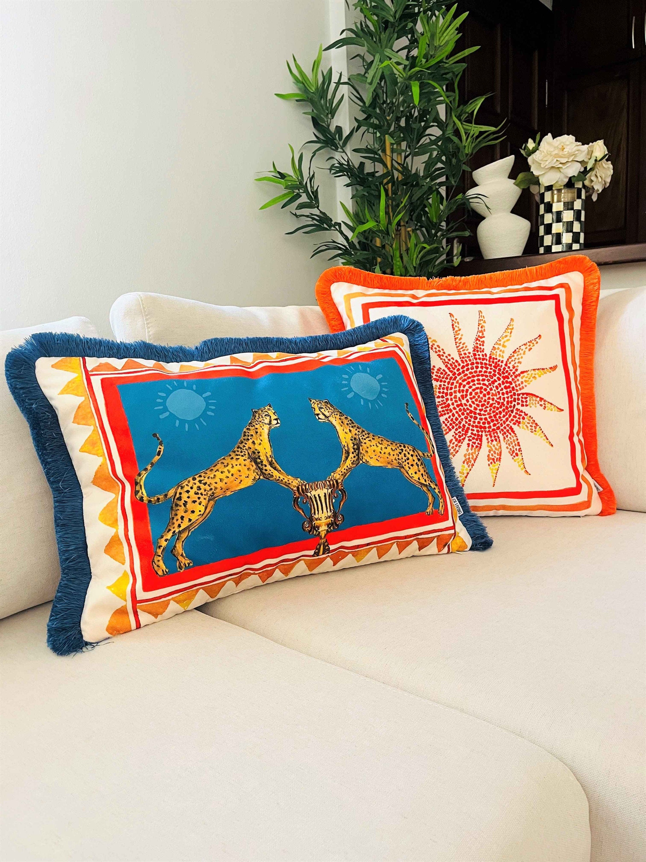 Sun Pattern Throw Pillow Cover - Yellow Velvet Pillow Case - Orange Tassel Cushion - Decorative Ancient Roman Mosaic Pattern - Double Sided