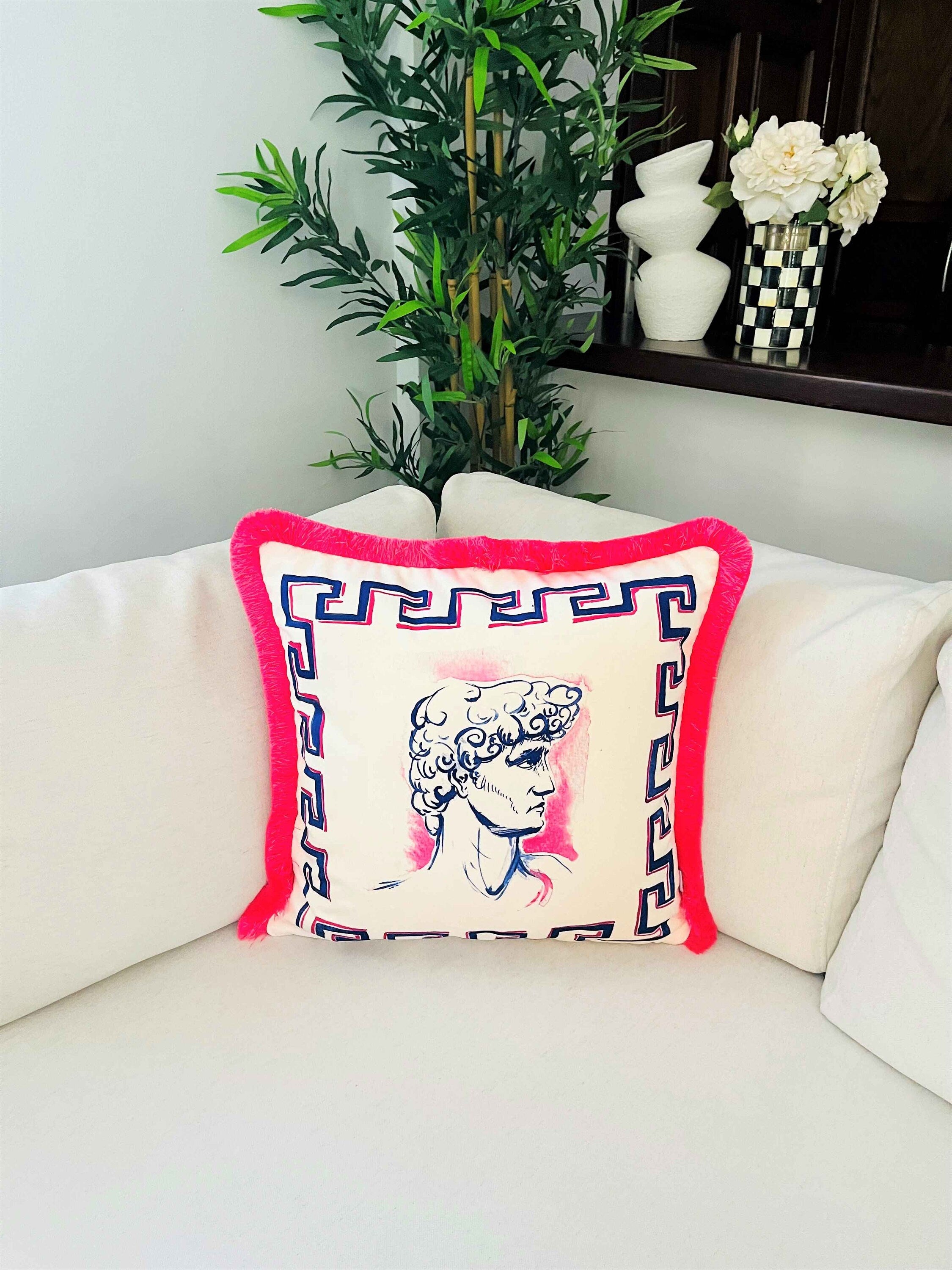 Marcus Antonius Sculpture Pattern Throw Pillow Cover - Statuette Decor - Pink Tassel Velvet Cushion - Double Sided