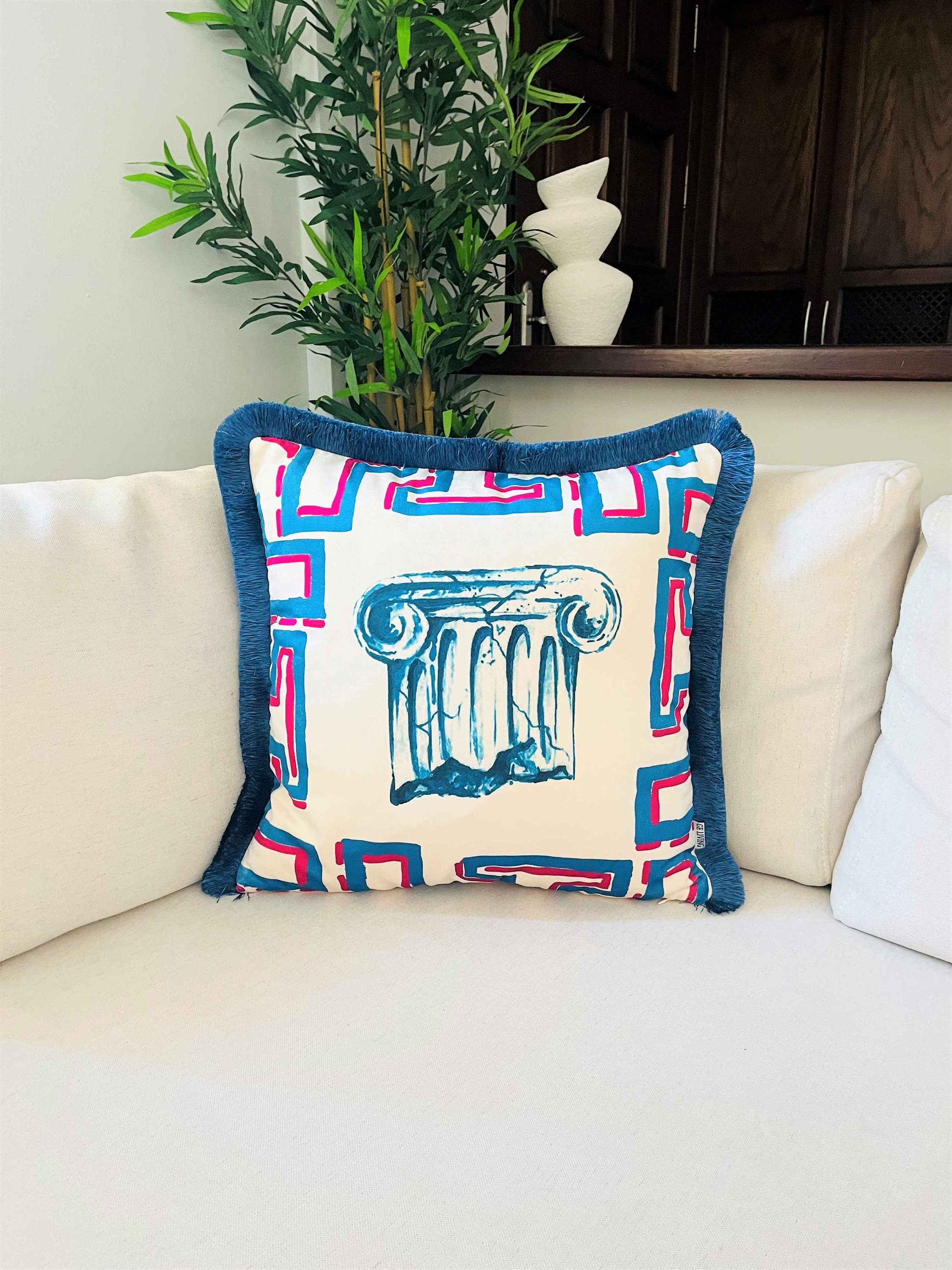 Antique Roman Column Pattern Throw Pillow Cover - Pillar Decor - Petrol Blue Tassel Cushion - Double Sided