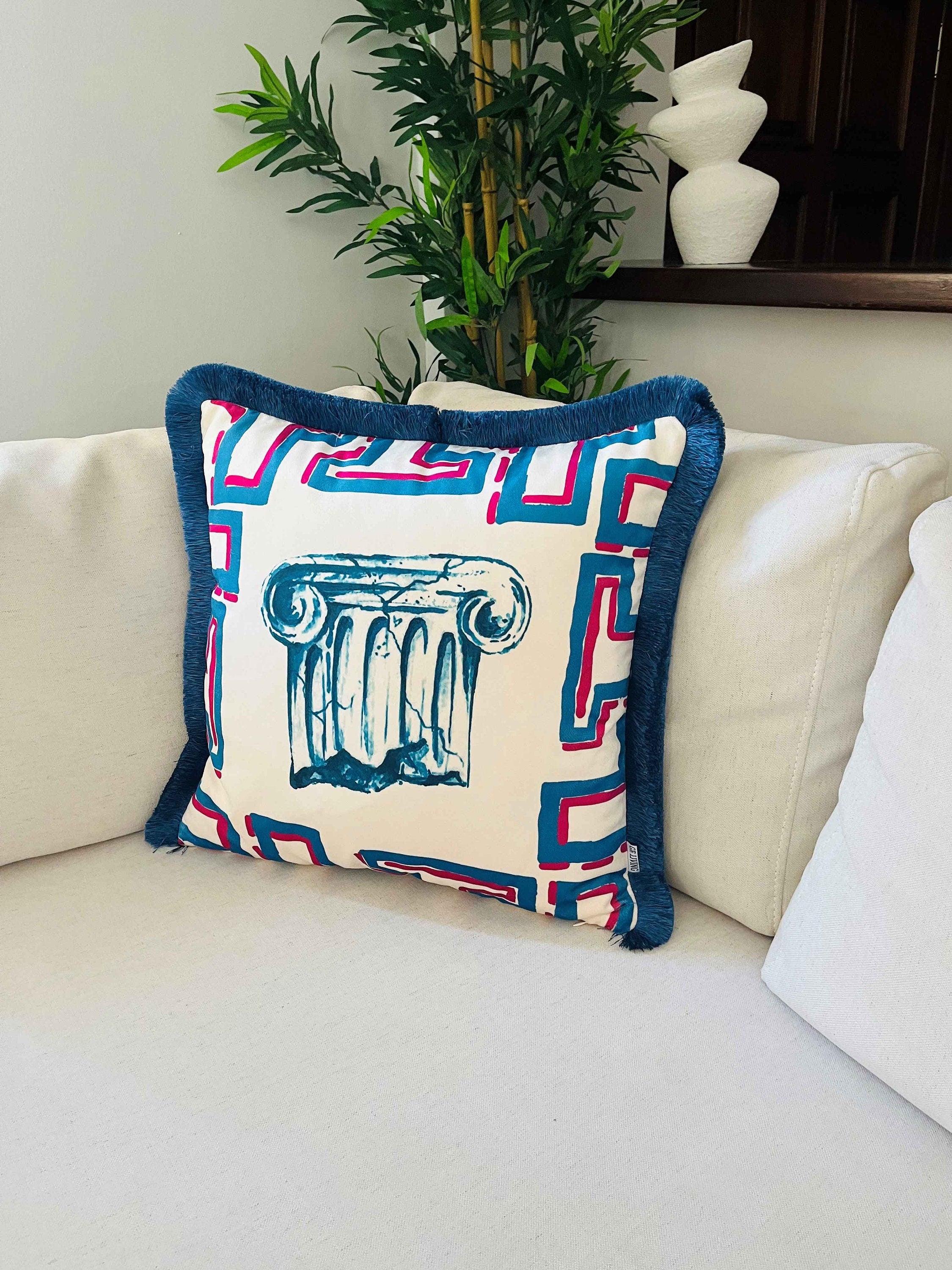 Antique Roman Column Pattern Throw Pillow Cover - Pillar Decor - Petrol Blue Tassel Cushion - Double Sided