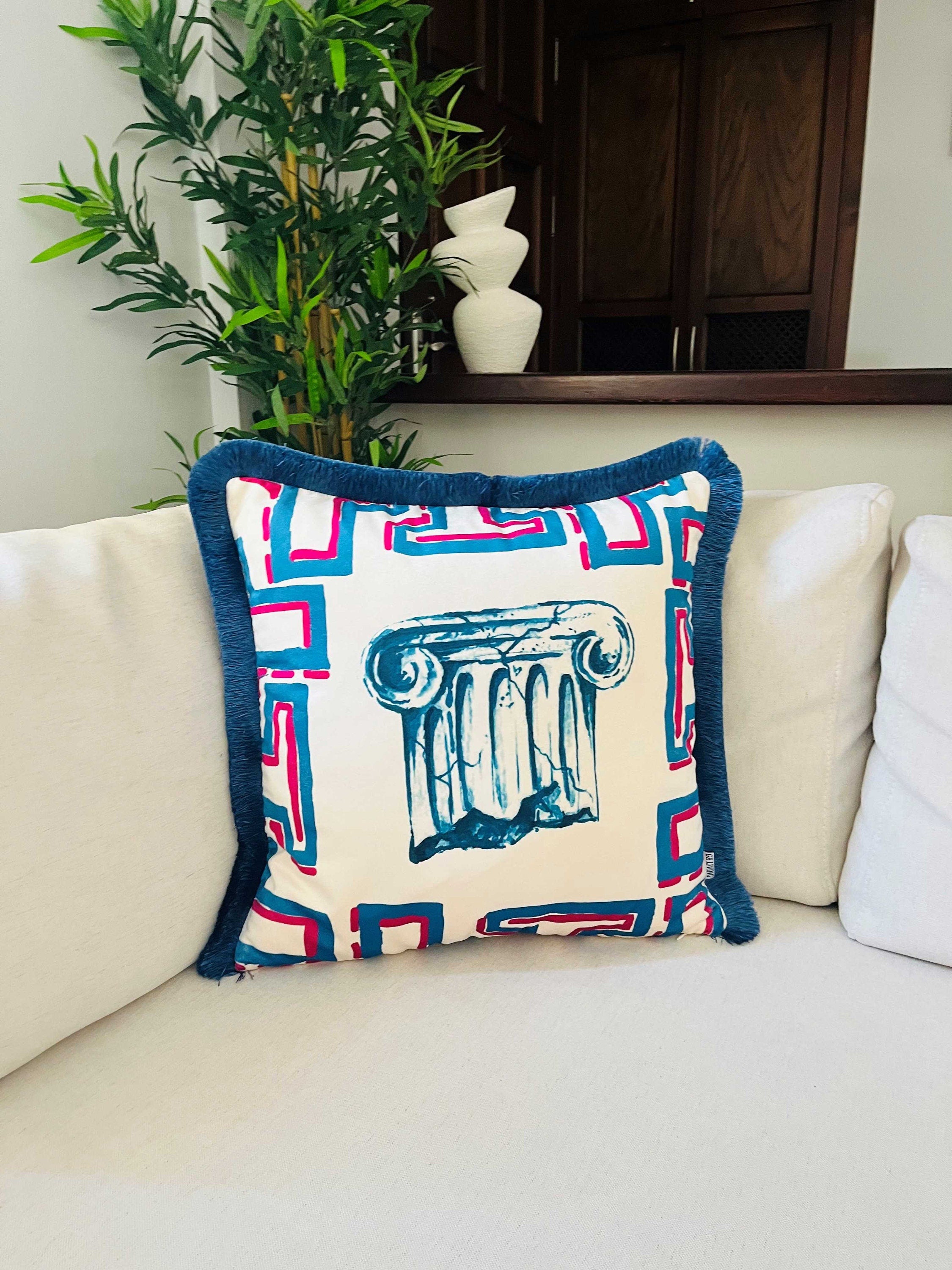 Antique Roman Column Pattern Throw Pillow Cover - Pillar Decor - Petrol Blue Tassel Cushion - Double Sided