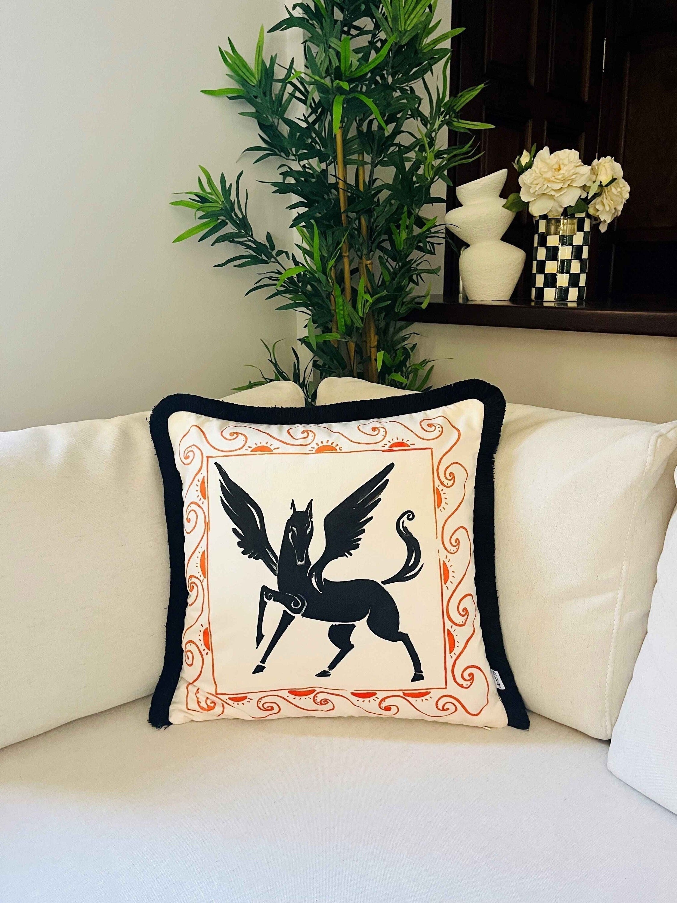 Pegasus Pattern Throw Pillow Cover - Winged Black Horse Pattern Cushion - Ancient Heritage Paintings - Black Tassel Cushion - Double Sided