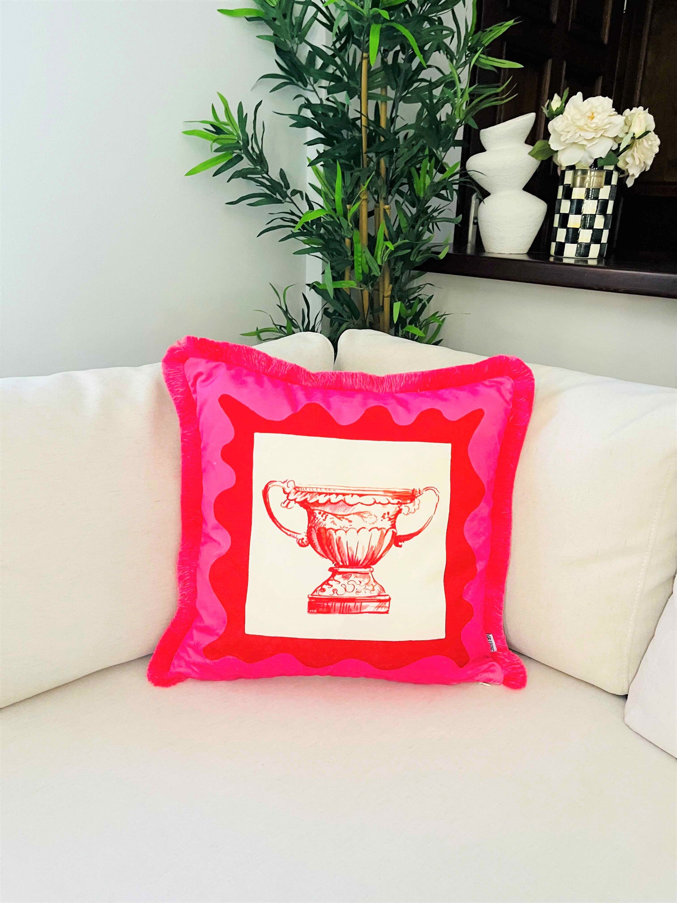 Hot Pink Throw Pillow Cover - Antique Vase Pattern Pink Tassel Velvet Cushion - Double Sided