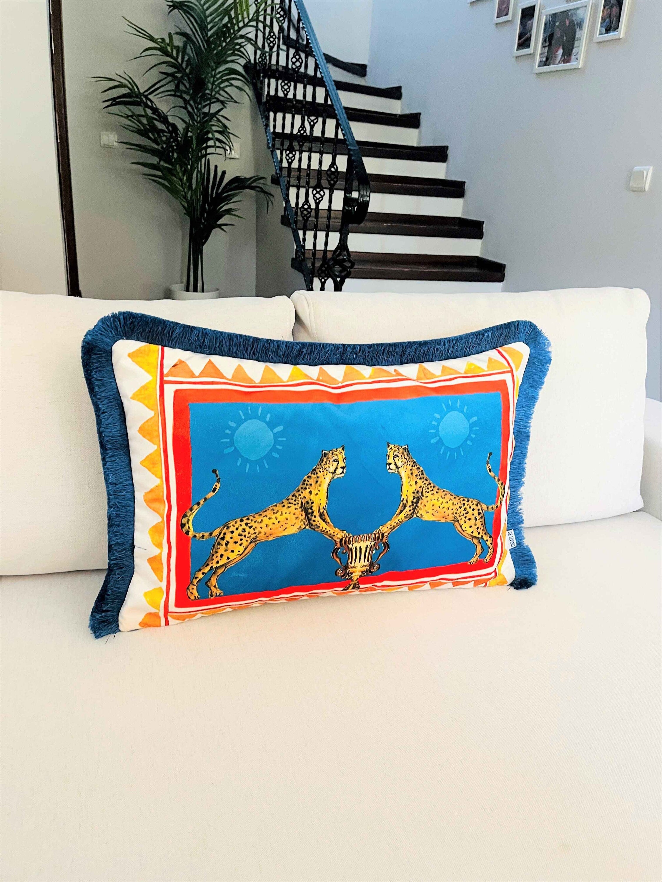 Leopard Pattern Throw Pillow Cover - Antique Vase Pattern Pillow - Animal Print Heritage Series - Petrol Blue Tassel Cushion - Double Sided