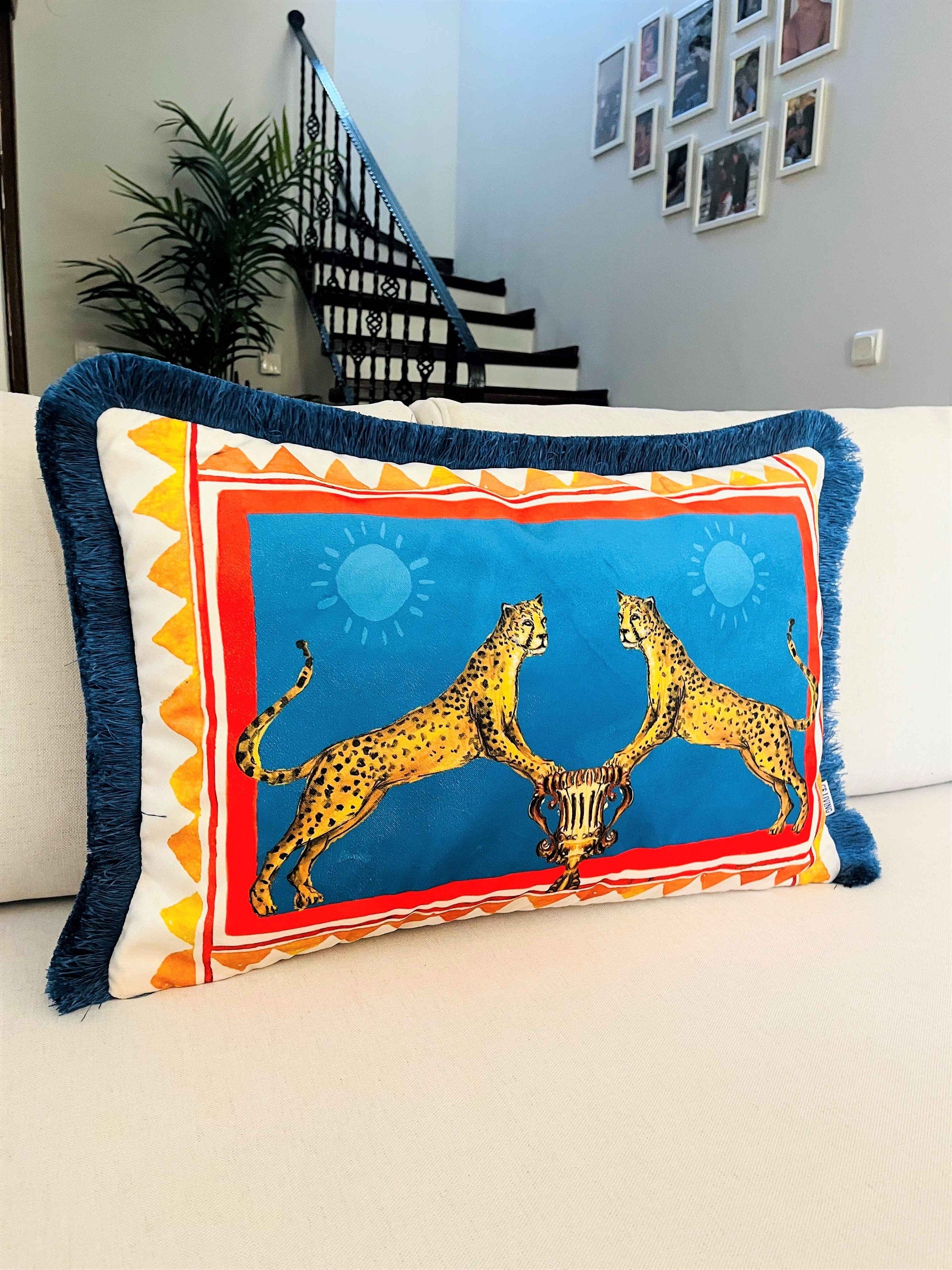 Leopard Pattern Throw Pillow Cover - Antique Vase Pattern Pillow - Animal Print Heritage Series - Petrol Blue Tassel Cushion - Double Sided