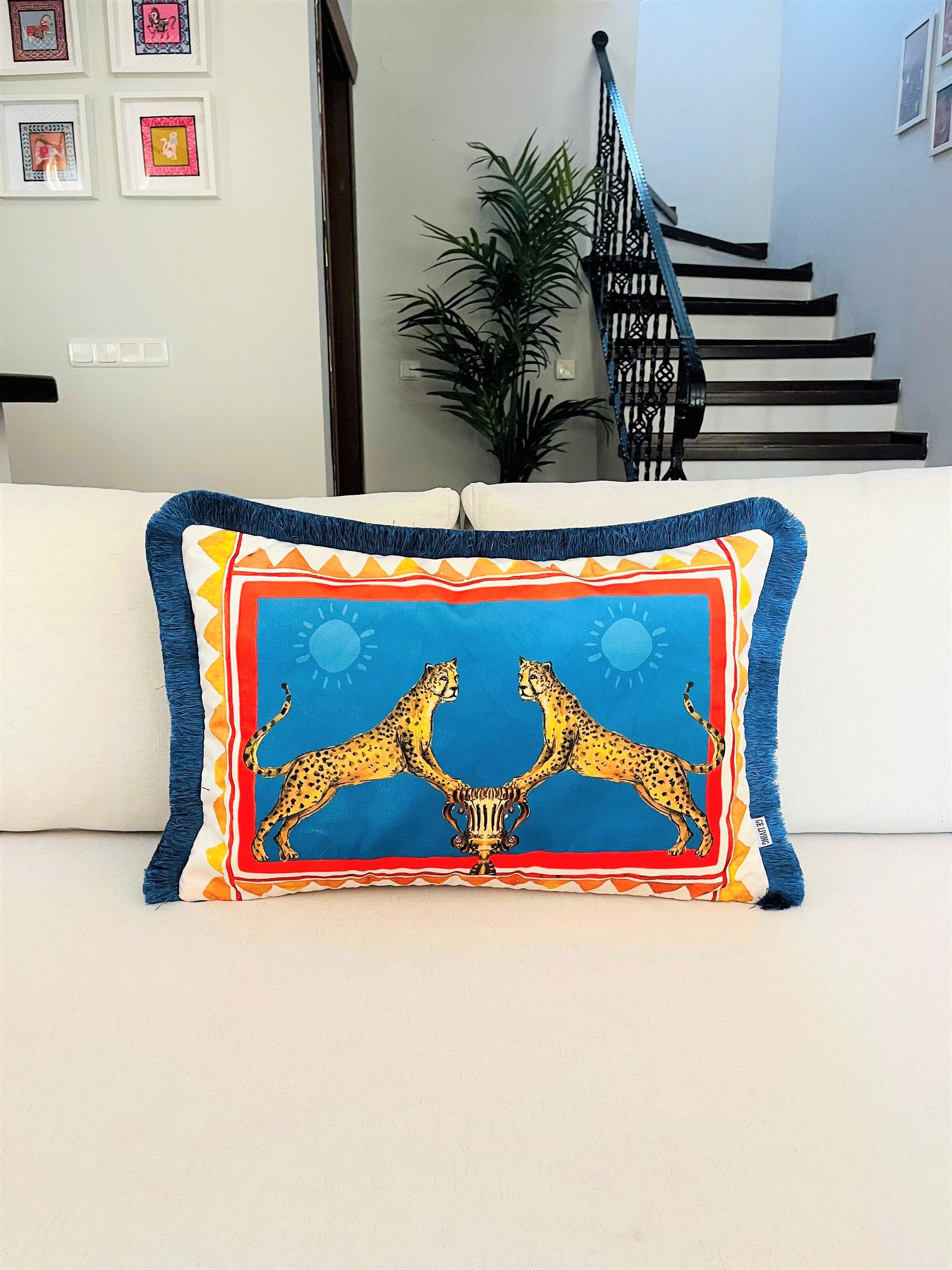 Leopard Pattern Throw Pillow Cover - Antique Vase Pattern Pillow - Animal Print Heritage Series - Petrol Blue Tassel Cushion - Double Sided