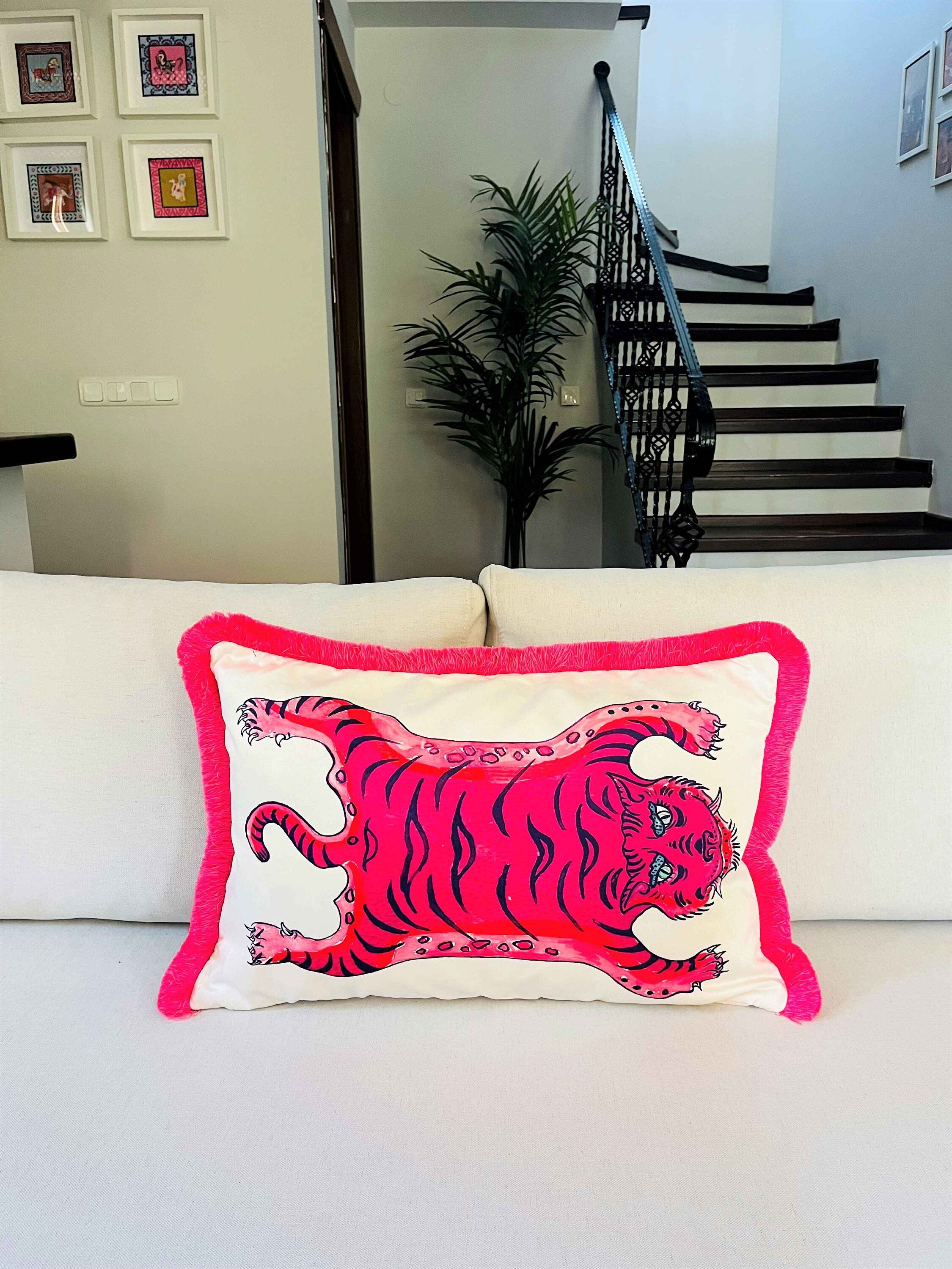 Tiger Pattern Throw Pillow Cover - Pink Tiger Pattern Pillow Case - Animal Print Heritage Series - Hot Pink Tassel Cushion - Tiger Skin