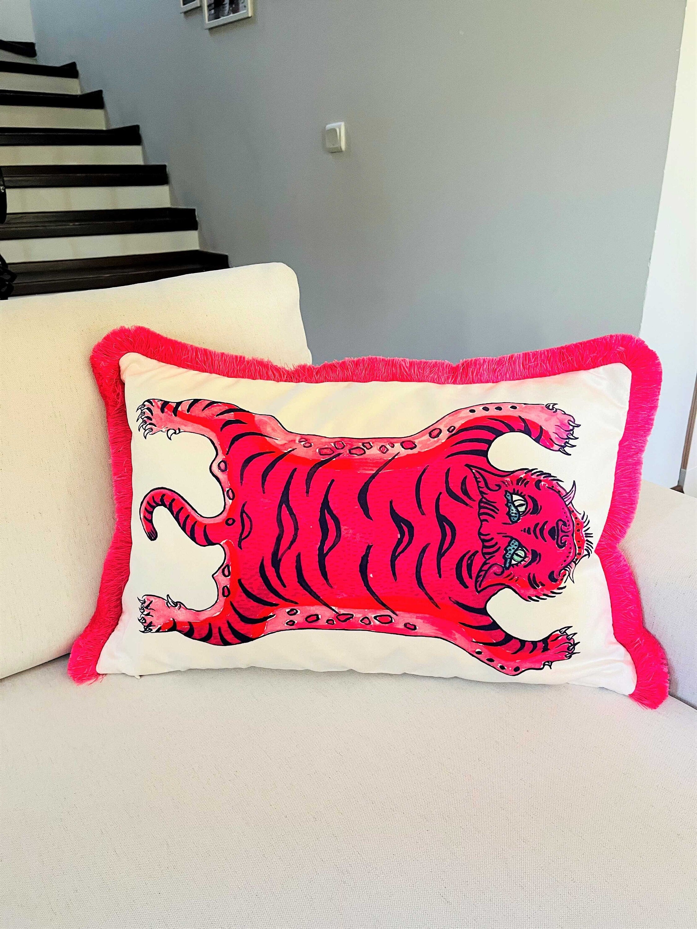 Tiger Pattern Throw Pillow Cover - Pink Tiger Pattern Pillow Case - Animal Print Heritage Series - Hot Pink Tassel Cushion - Tiger Skin