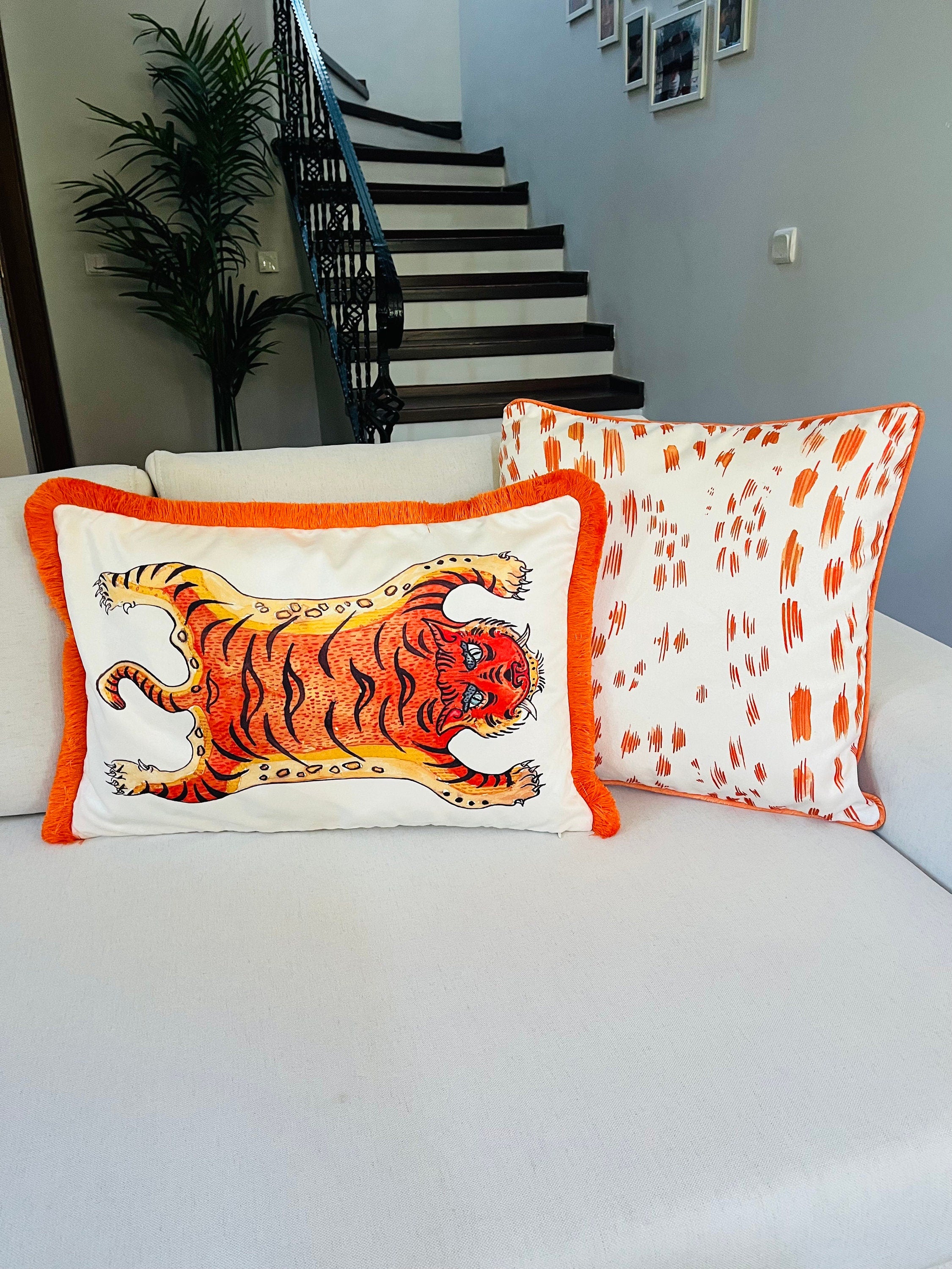 Tiger Pattern Throw Pillow Cover - Orange Tiger Pattern Pillow Case - Animal Print Heritage Series - Orange Tassel Cushion - Tiger Skin