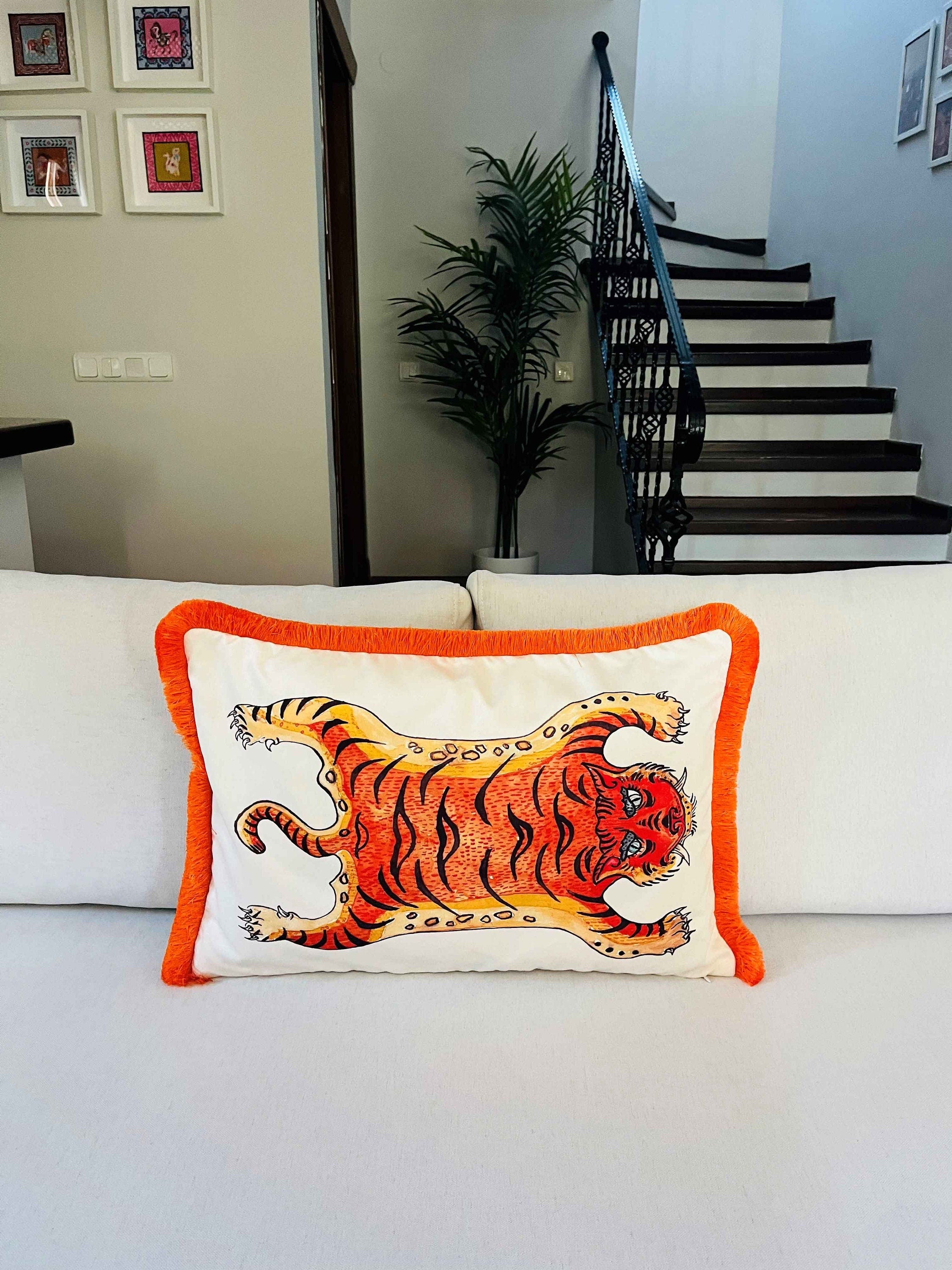 Tiger Pattern Throw Pillow Cover - Orange Tiger Pattern Pillow Case - Animal Print Heritage Series - Orange Tassel Cushion - Tiger Skin