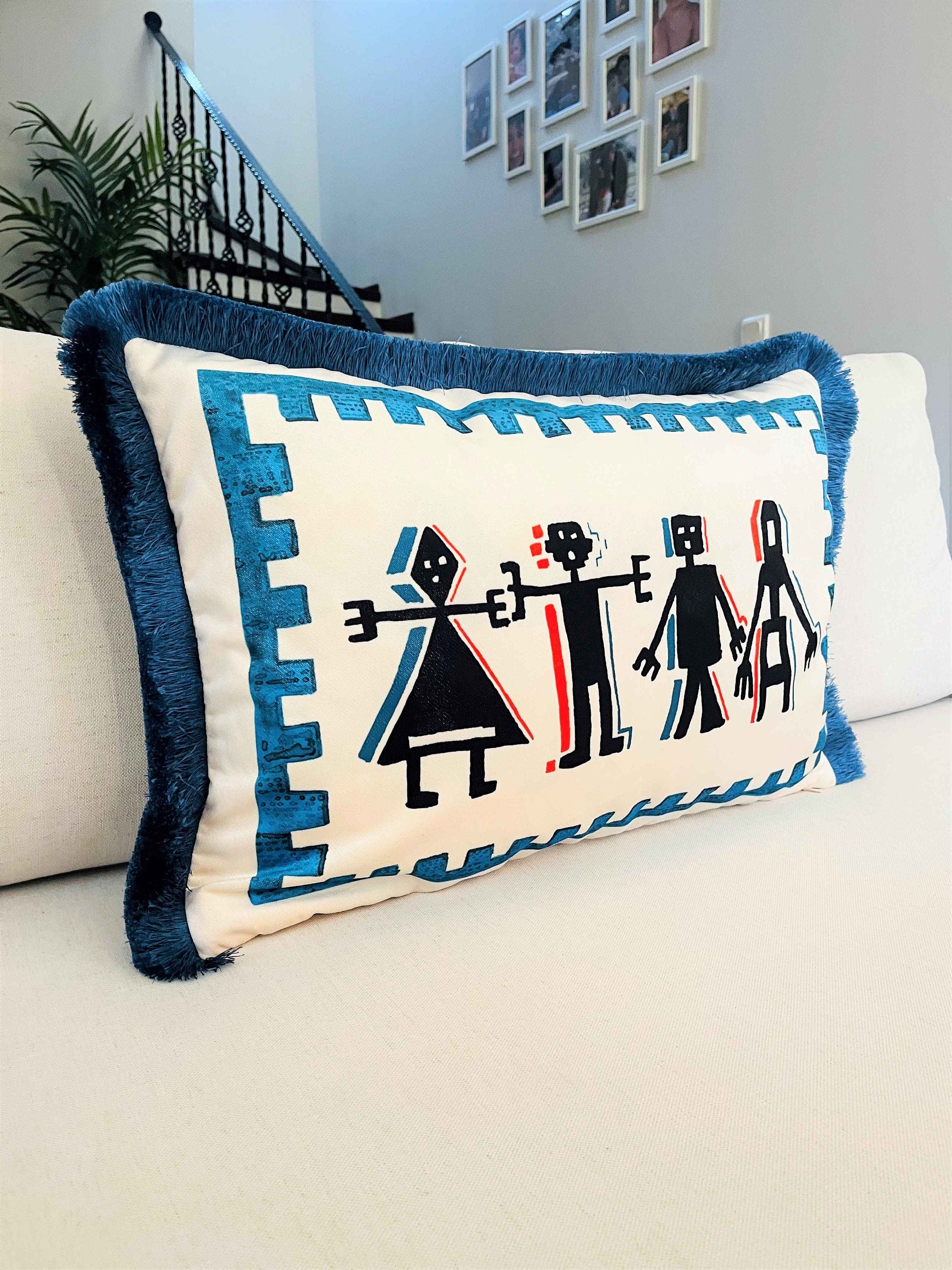 Prehistoric Human Pattern Throw Pillow Cover - Antique Cave Painting Pillow - World Heritage Series - Petrol Blue Tassel - Double Sided