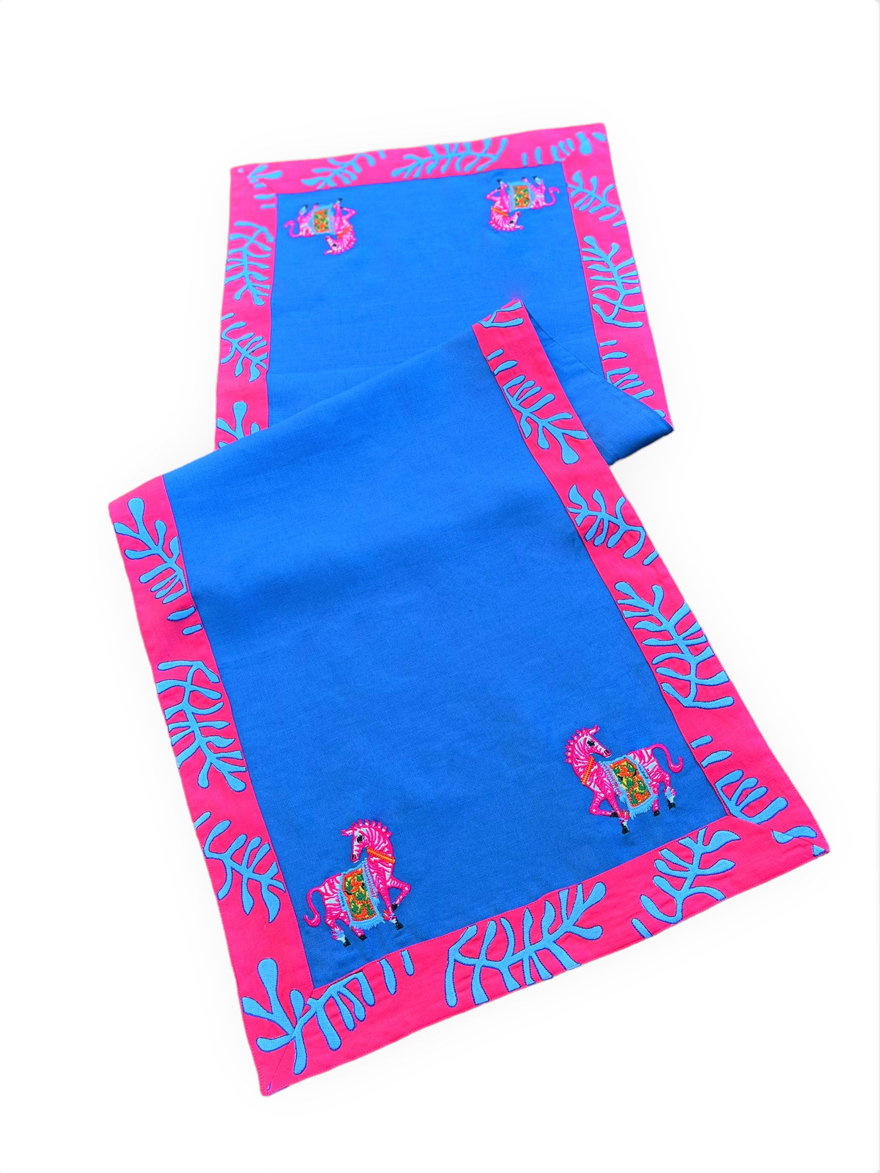 Decorative Navy Blue Linen Table Runner - 100% Linen Table Decor - Pink Zebra & Blue Coral Embroidered Linen Table Cloth - Unique Decoration