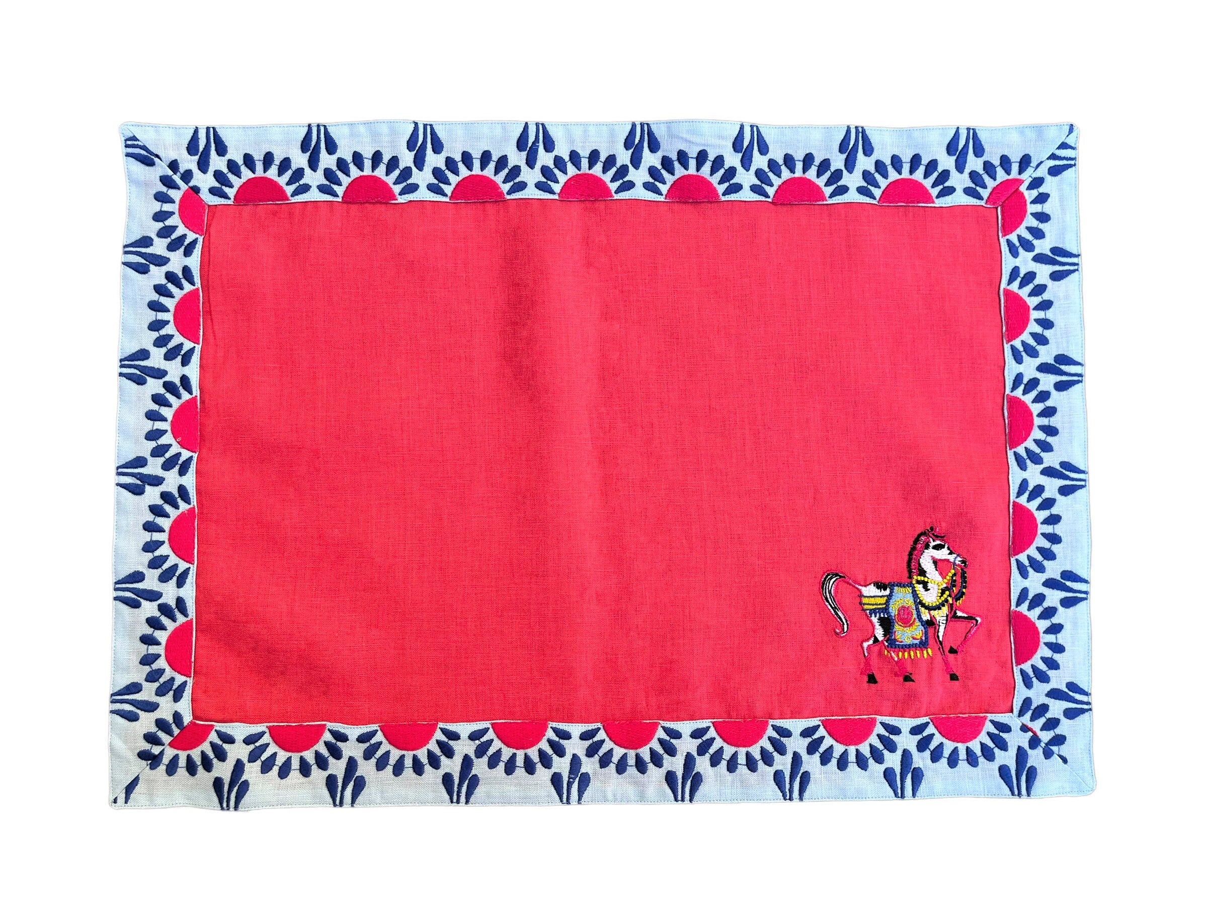 Decorative Linen Placemat - Pink Horse Embroidered Placemat Set of 2, 4, 6 - Dining Table Serving - Table Mat - Blue Detailed Dining Napkins