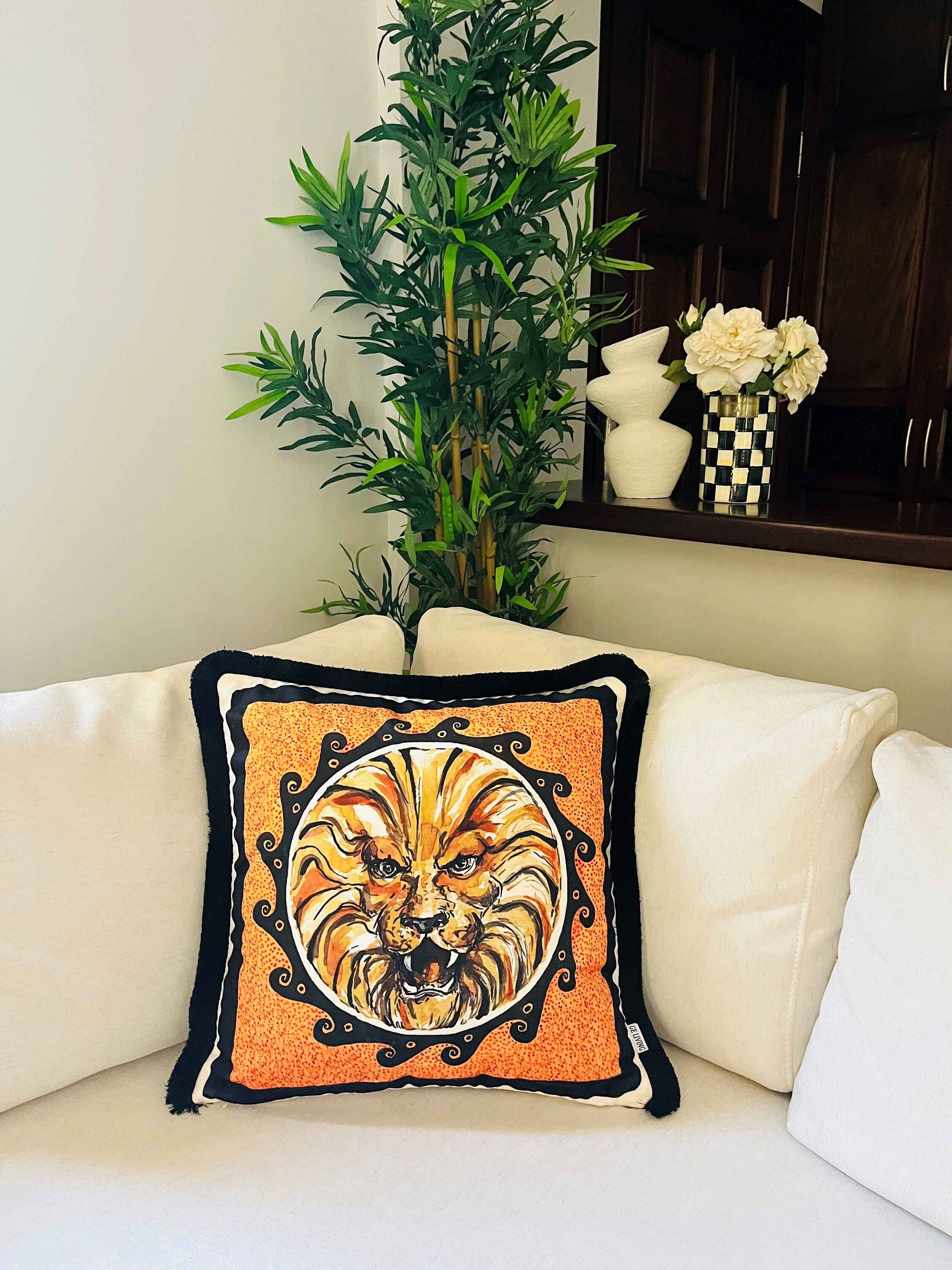 Lion Pattern Throw Pillow Cover - Yellow Velvet Pillow Case - Black Tassel Cushion - Antique Rome Pattern - Heritage Series - Animal Print