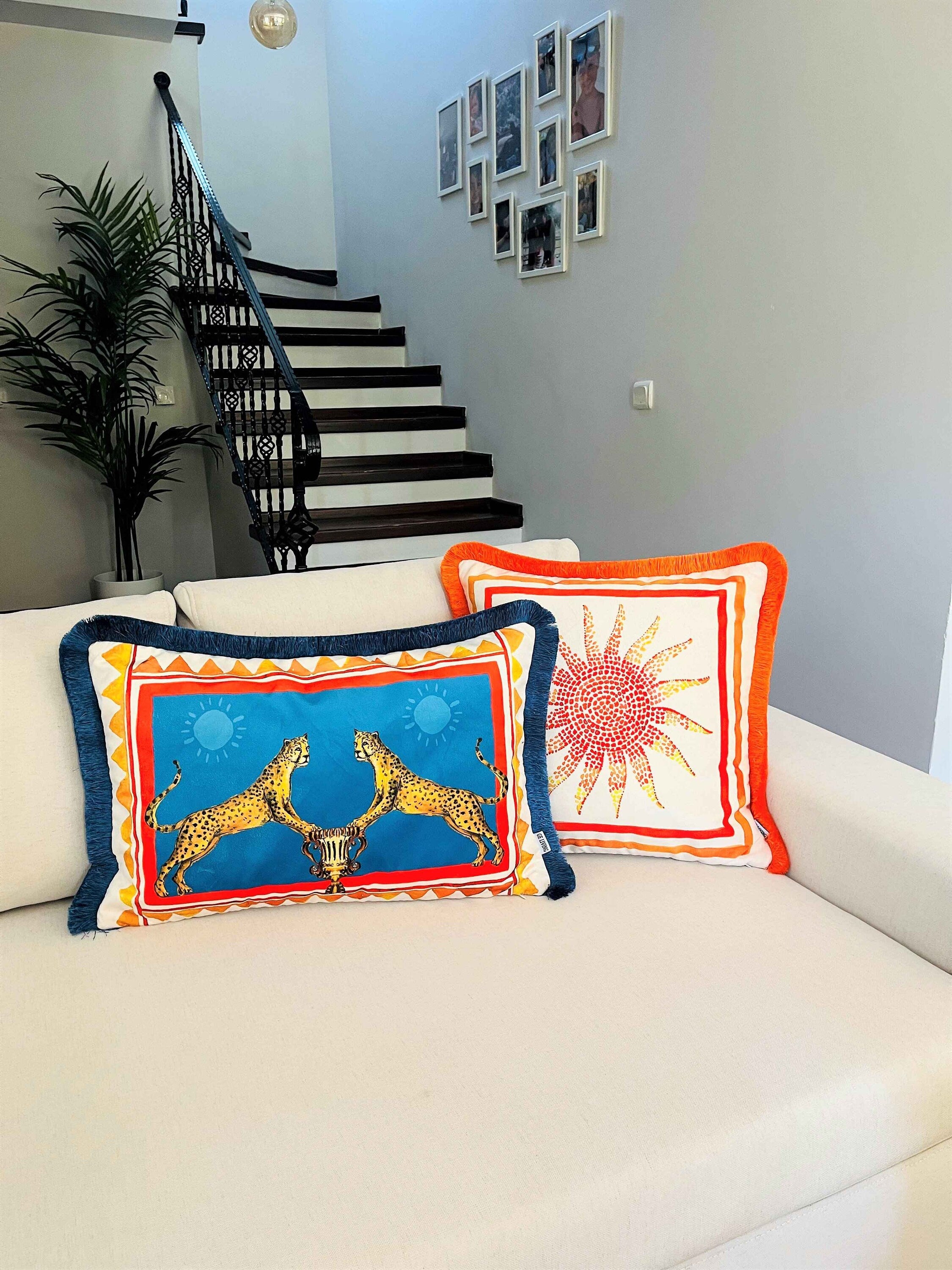 Sun Pattern Throw Pillow Cover - Yellow Velvet Pillow Case - Orange Tassel Cushion - Decorative Ancient Roman Mosaic Pattern - Double Sided