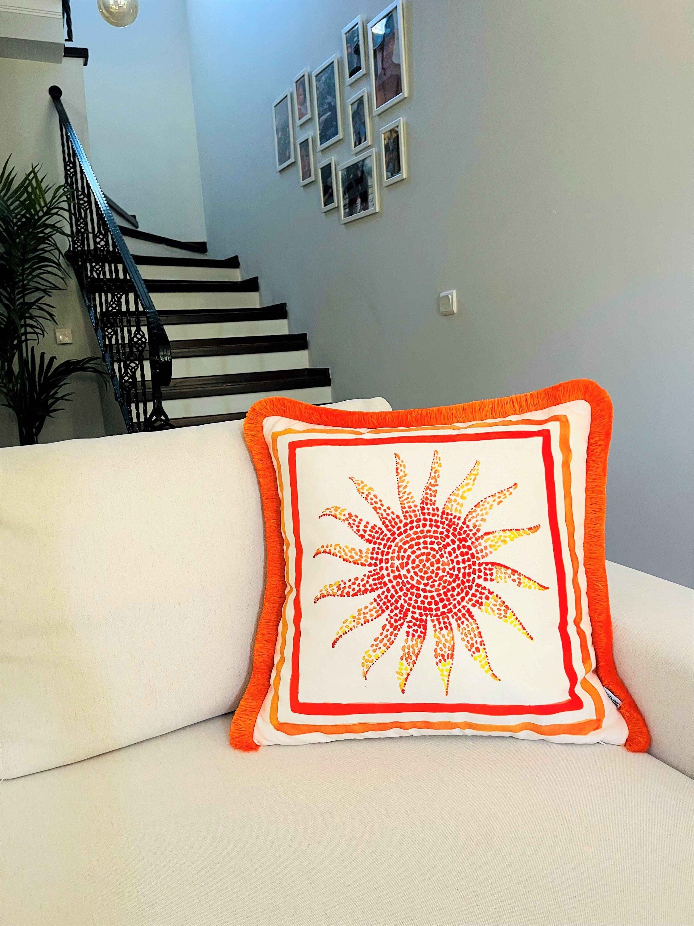 Sun Pattern Throw Pillow Cover - Yellow Velvet Pillow Case - Orange Tassel Cushion - Decorative Ancient Roman Mosaic Pattern - Double Sided