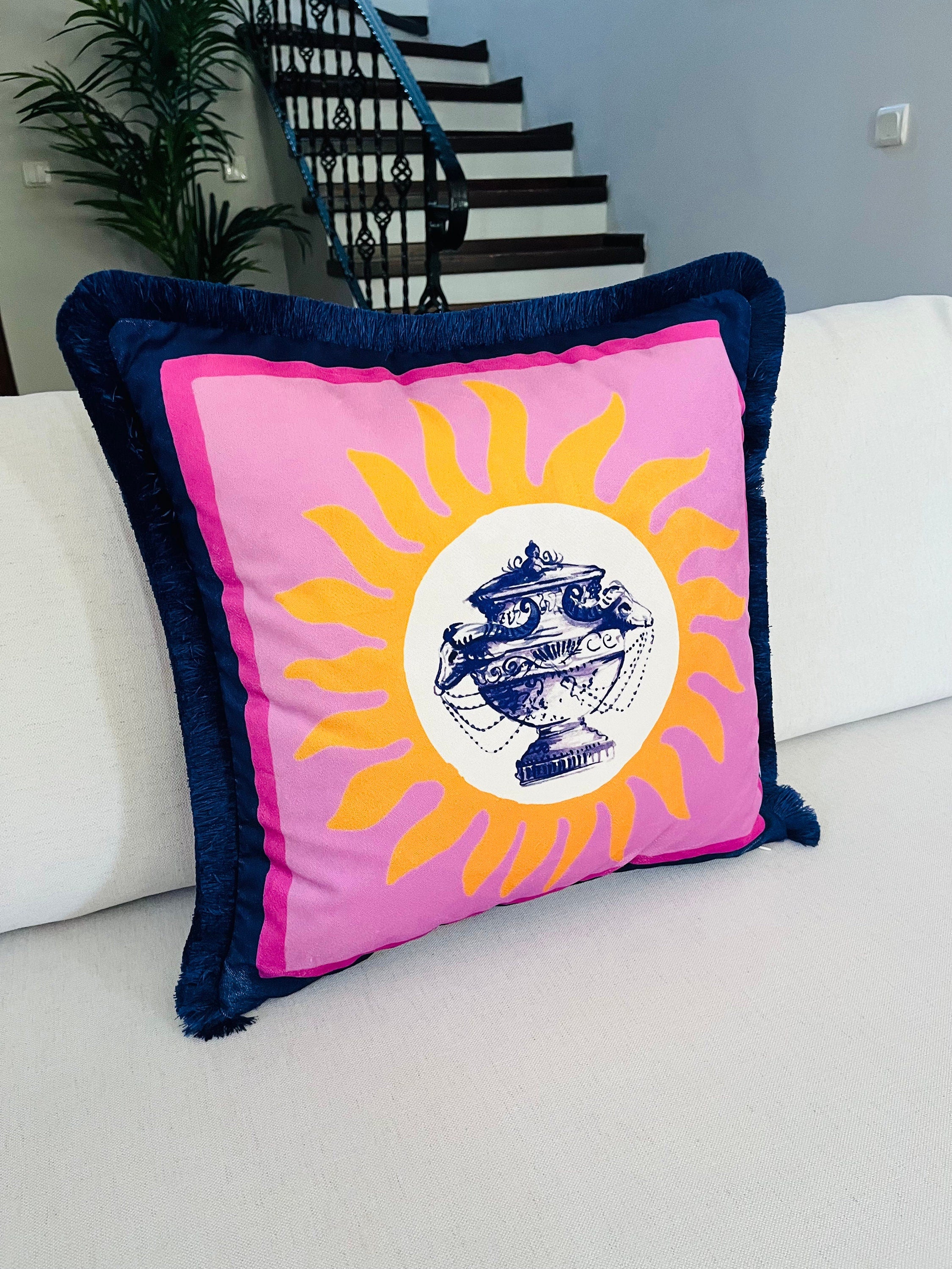 Vase Pattern Throw Pillow Cover - Sun Pattern Pillow Cover - Purple Velvet Pillow Case - Navy Tassel Cushion - Double Sided - Handmade Paint