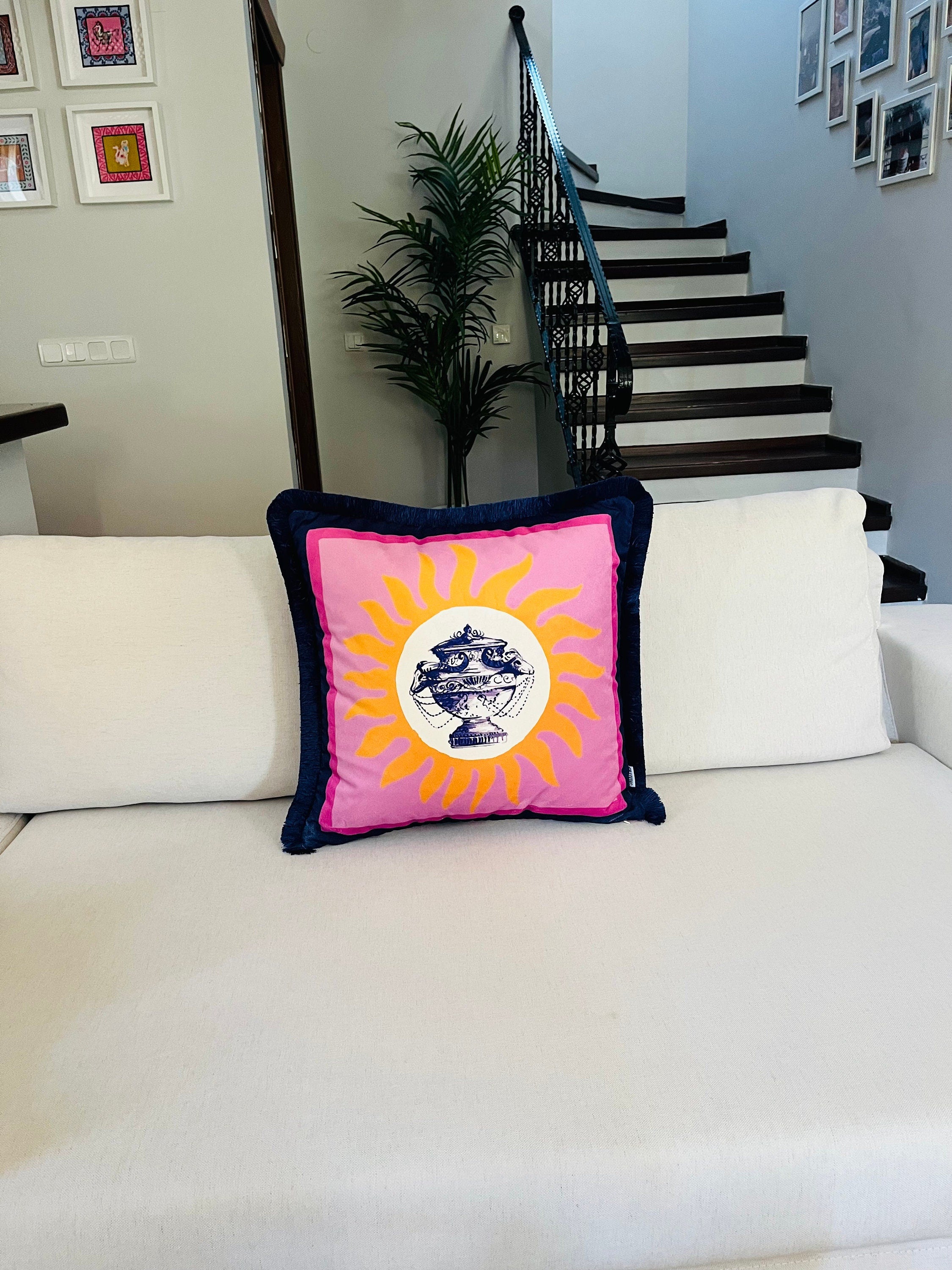 Vase Pattern Throw Pillow Cover - Sun Pattern Pillow Cover - Purple Velvet Pillow Case - Navy Tassel Cushion - Double Sided - Handmade Paint