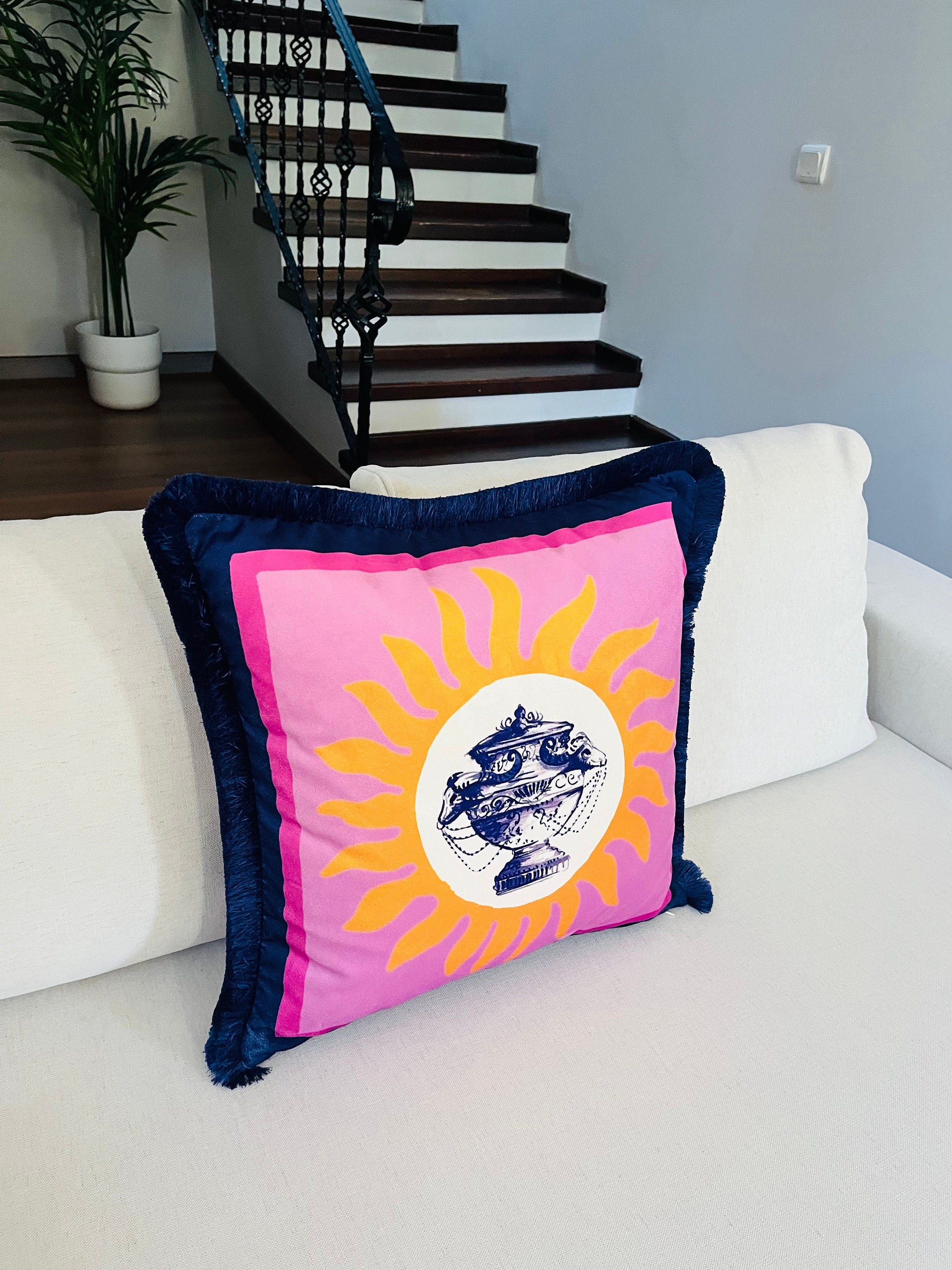 Vase Pattern Throw Pillow Cover - Sun Pattern Pillow Cover - Purple Velvet Pillow Case - Navy Tassel Cushion - Double Sided - Handmade Paint