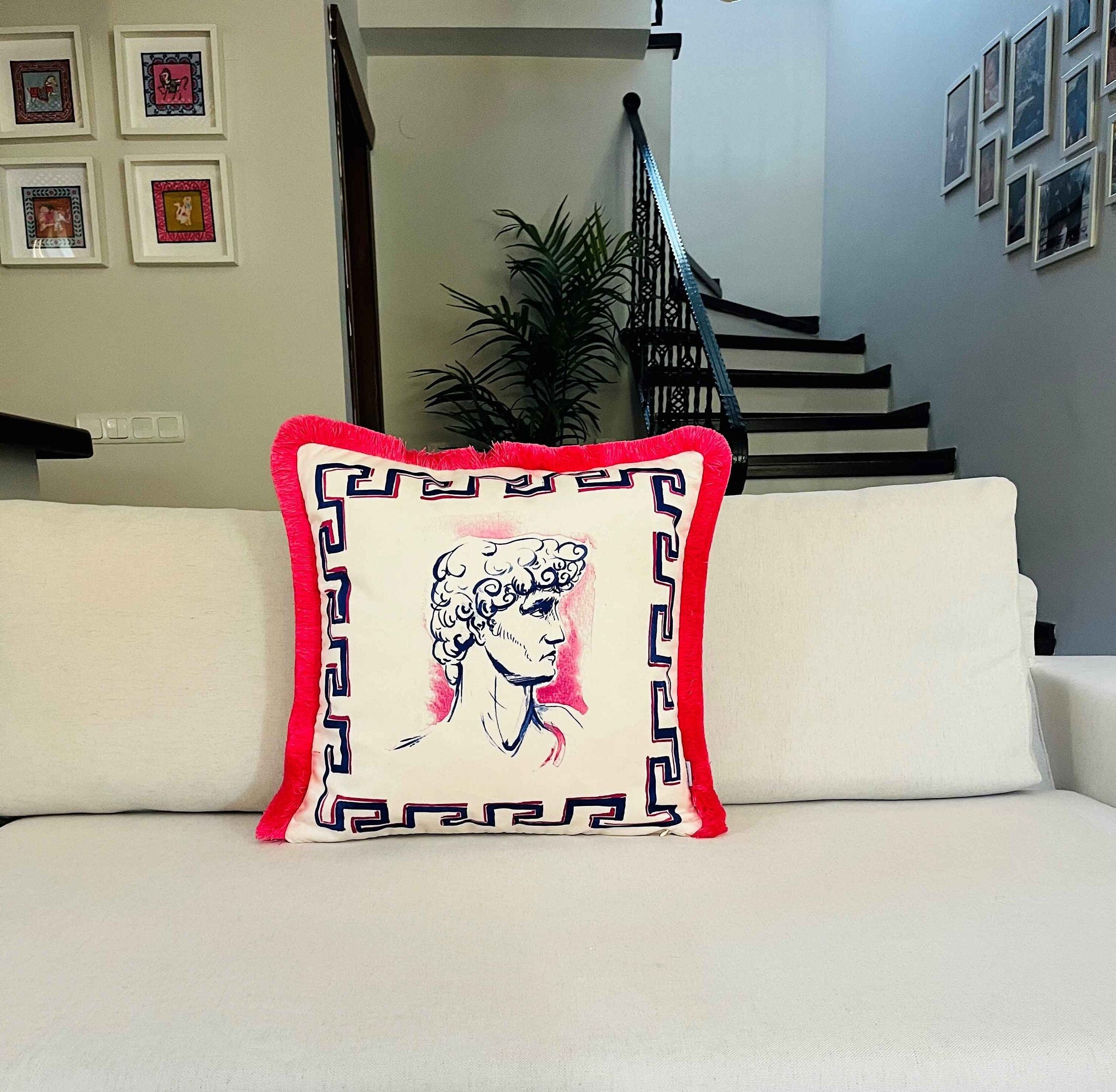 Marcus Antonius Sculpture Pattern Throw Pillow Cover - Statuette Decor - Pink Tassel Velvet Cushion - Double Sided