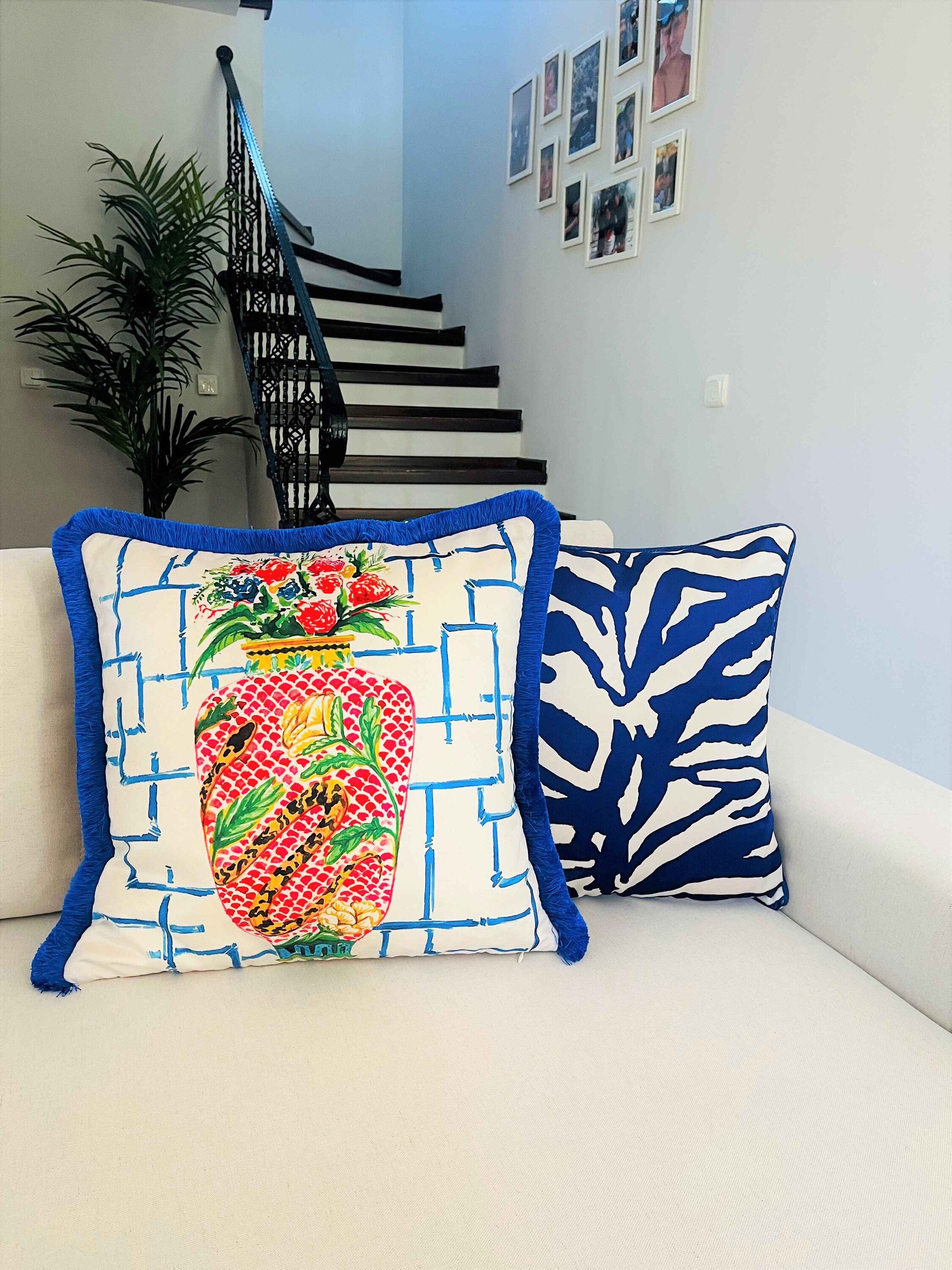 Vintage Snake Painted Vase Pattern Throw Pillow Cover - Heritage Series Velvet - Blue Tassel Cushion