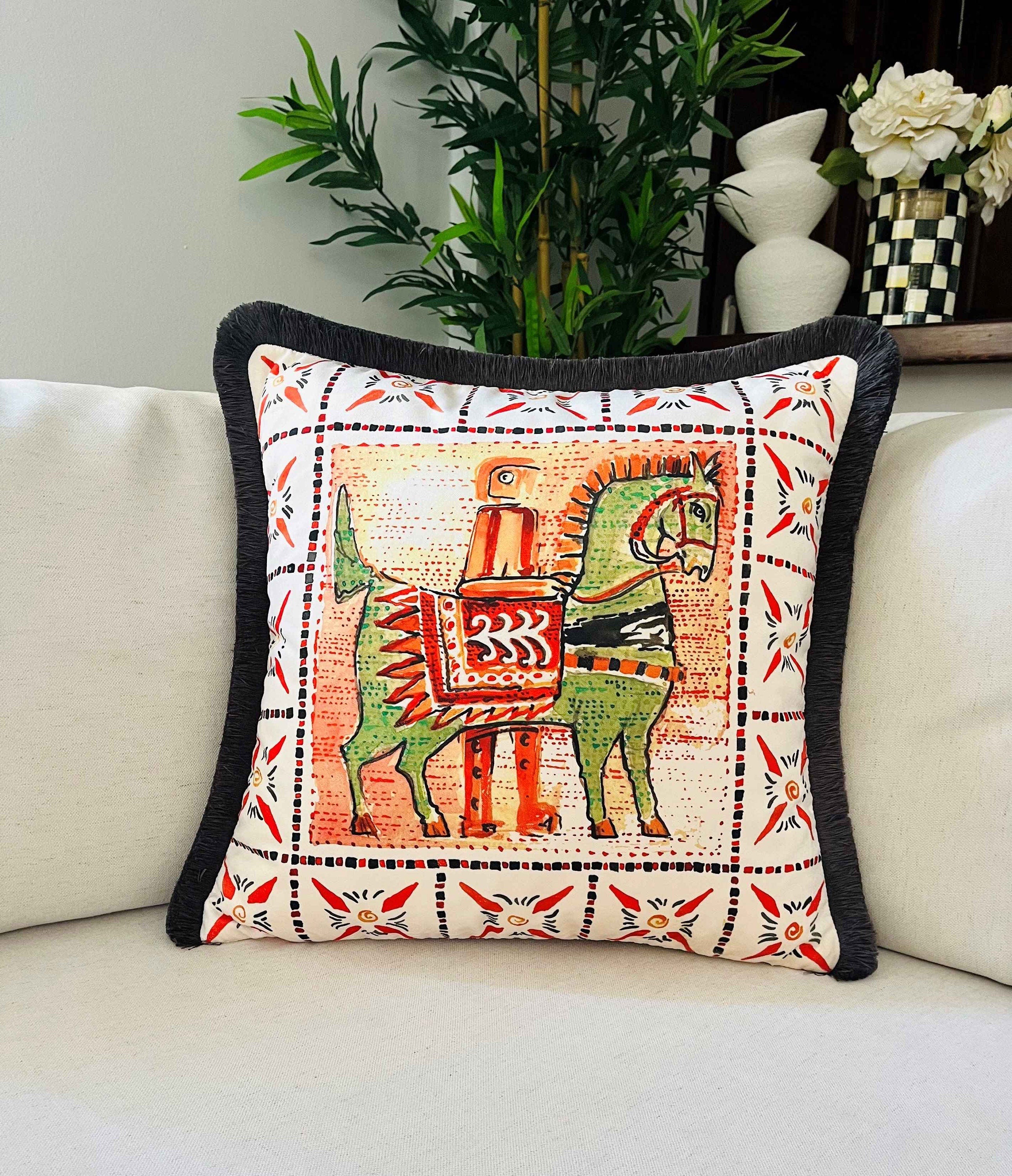 Ancient Cavalier Horseman Throw Pillow Cover - Art Print Cushion