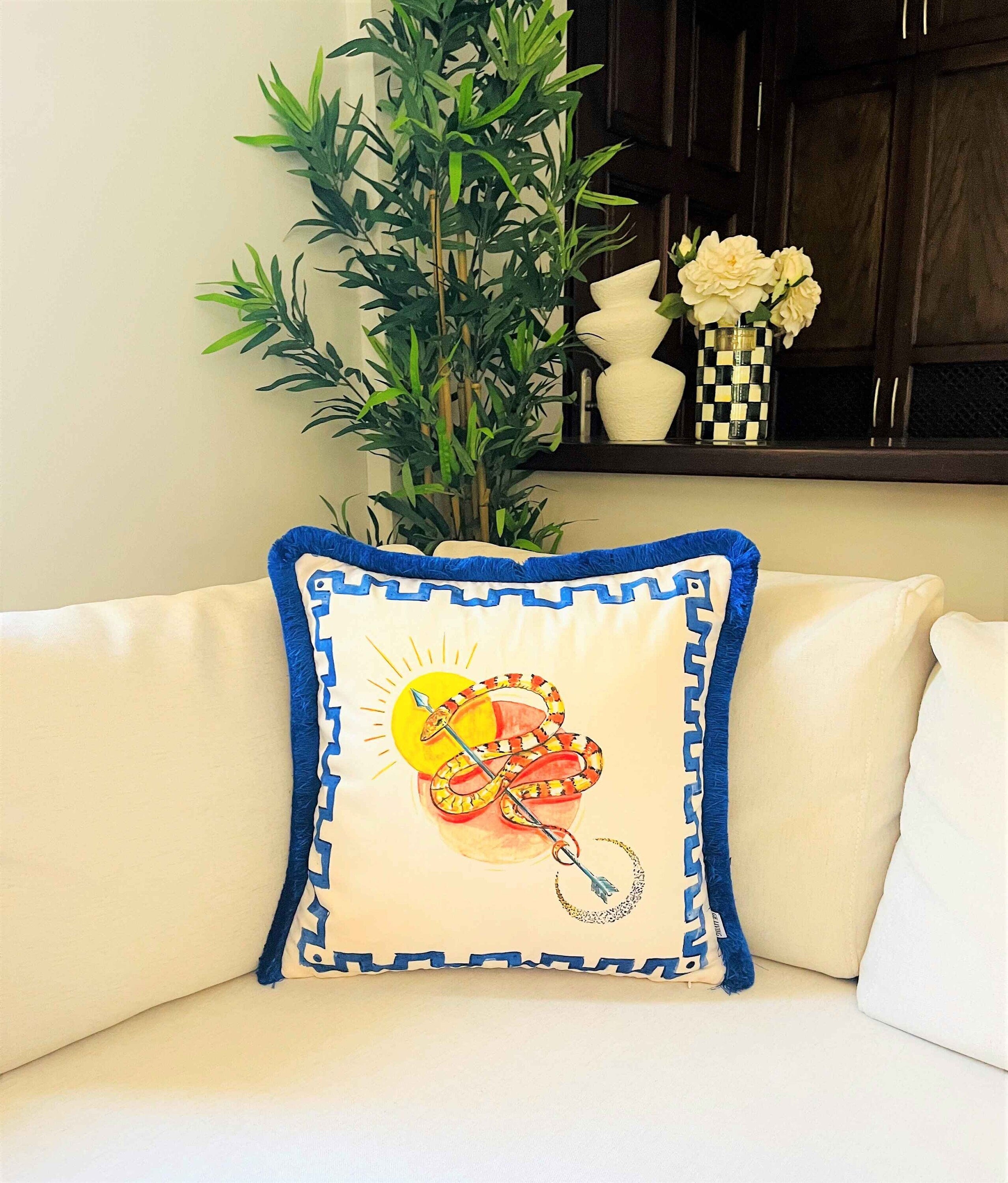 Mystical Sun & Moon Pattern Throw Pillow Cover - Snake with Arrow Pattern Pillow Case - Heritage Series - Blue Tassel Cushion - Double Sided