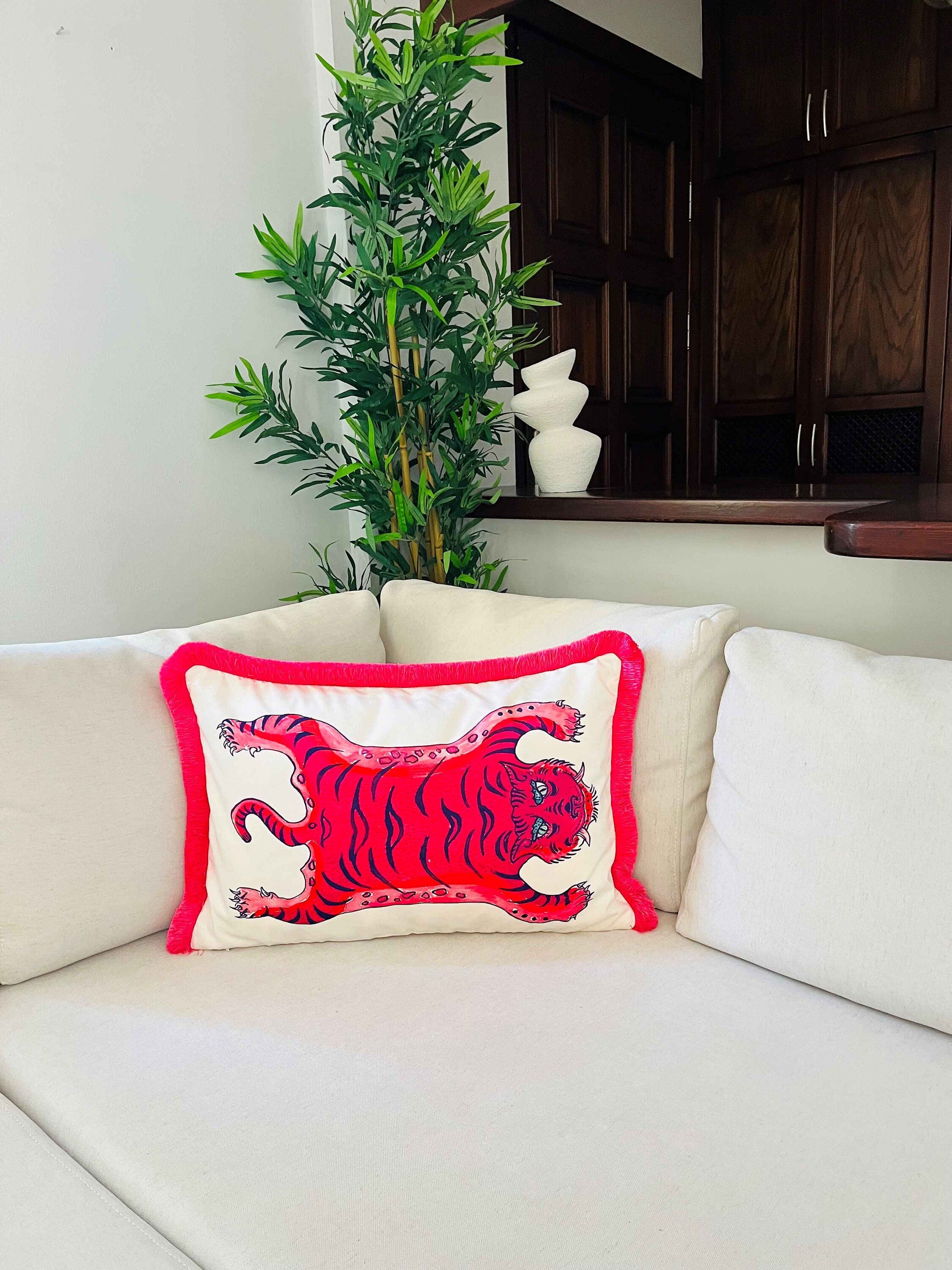 Tiger Pattern Throw Pillow Cover - Pink Tiger Pattern Pillow Case - Animal Print Heritage Series - Hot Pink Tassel Cushion - Tiger Skin