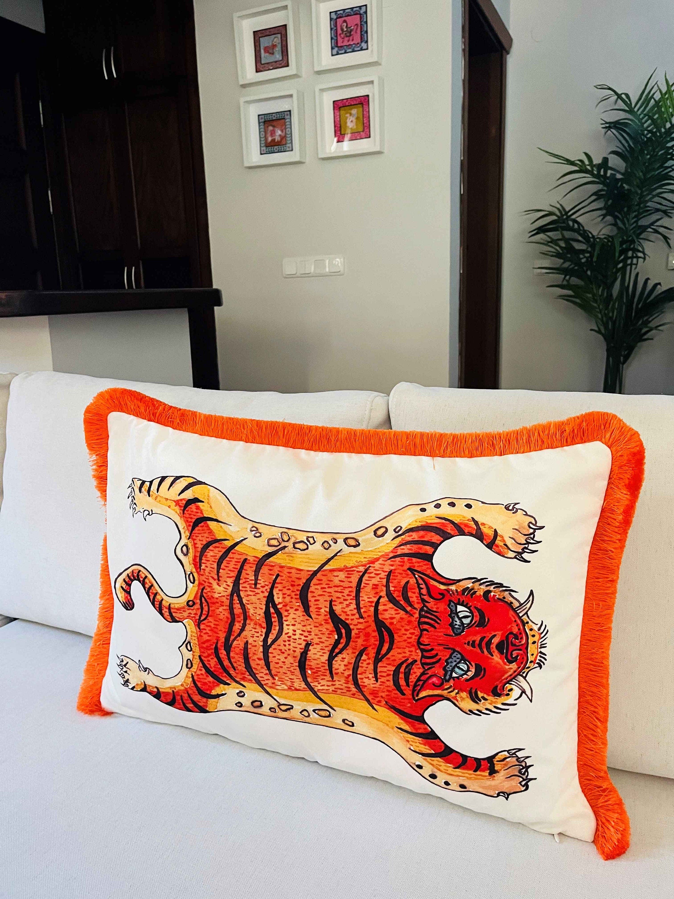 Tiger Pattern Throw Pillow Cover - Orange Tiger Pattern Pillow Case - Animal Print Heritage Series - Orange Tassel Cushion - Tiger Skin