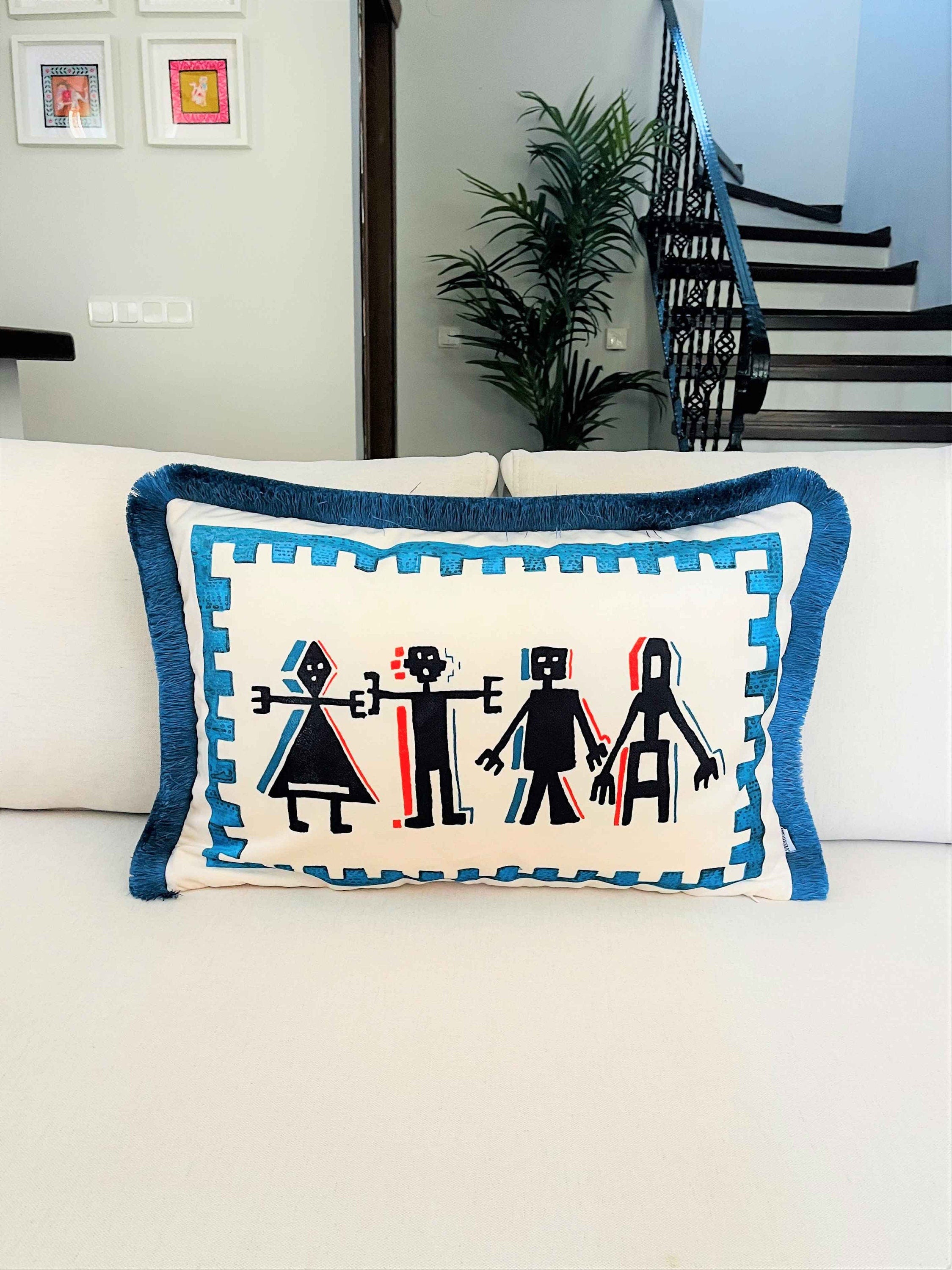 Prehistoric Human Pattern Throw Pillow Cover - Antique Cave Painting Pillow - World Heritage Series - Petrol Blue Tassel - Double Sided