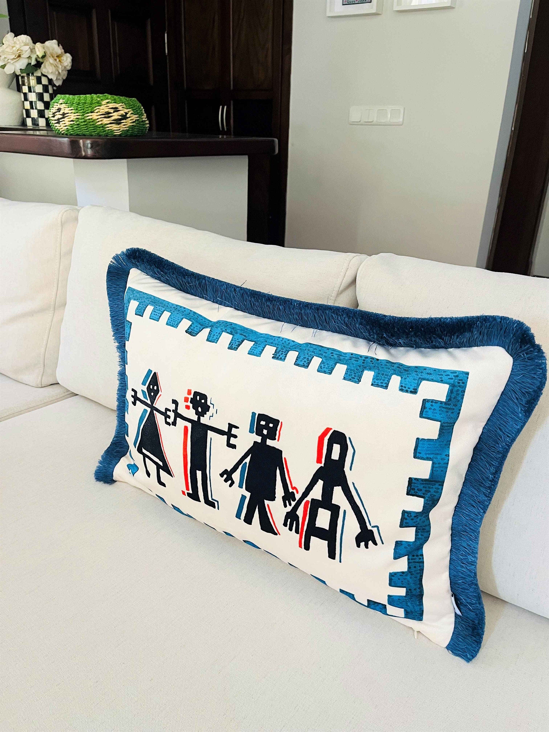 Prehistoric Human Pattern Throw Pillow Cover - Antique Cave Painting Pillow - World Heritage Series - Petrol Blue Tassel - Double Sided