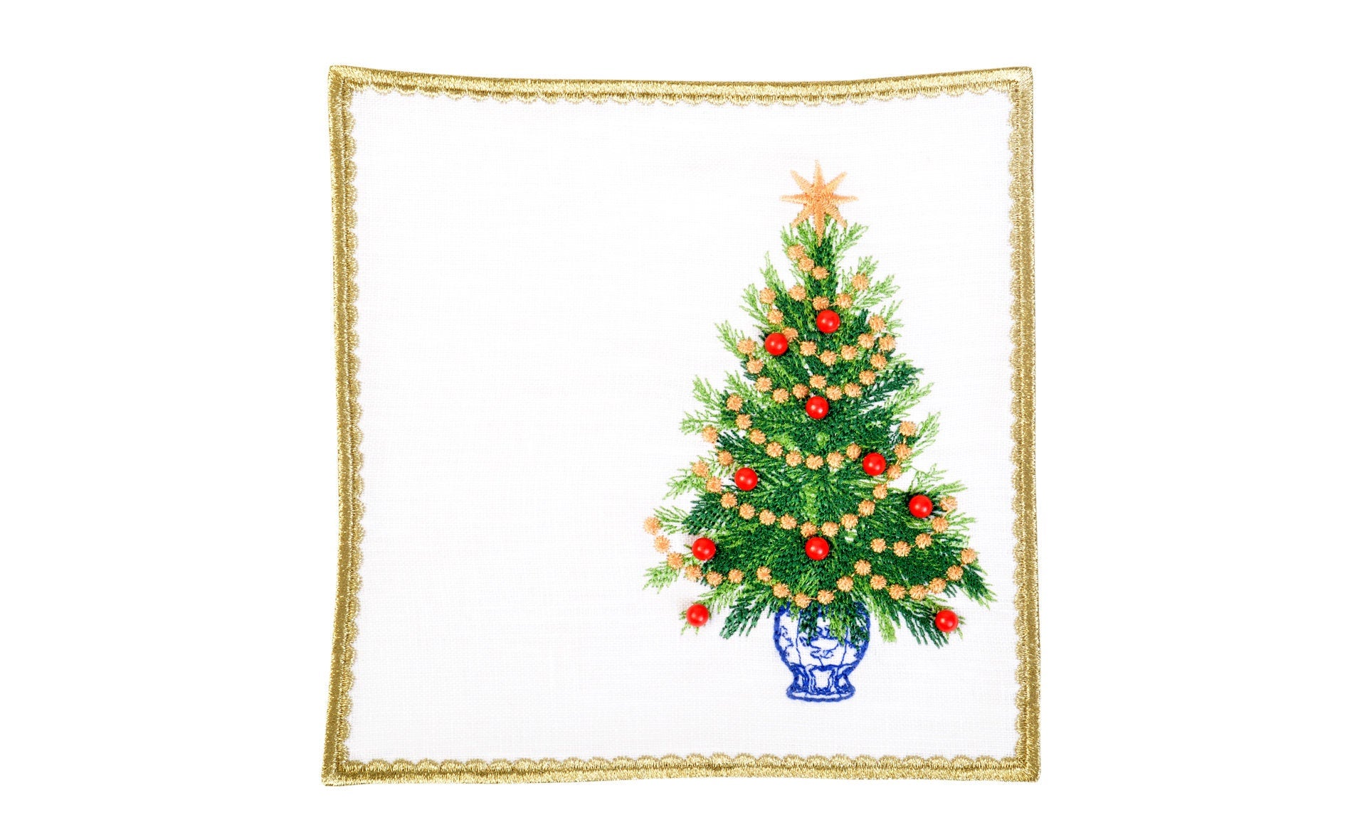 Decorative New Year Tree & Gold - Red Beaded Cocktail Napkin Set of 2, 4, 6, 8 - Christmas Linen Napkins - New Year Cofee Presentation