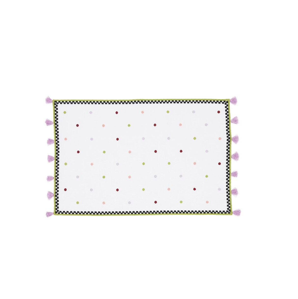 Polka Dotted White Linen Placemats | Purple Tassels | Checkered Embroidery & Green Cording