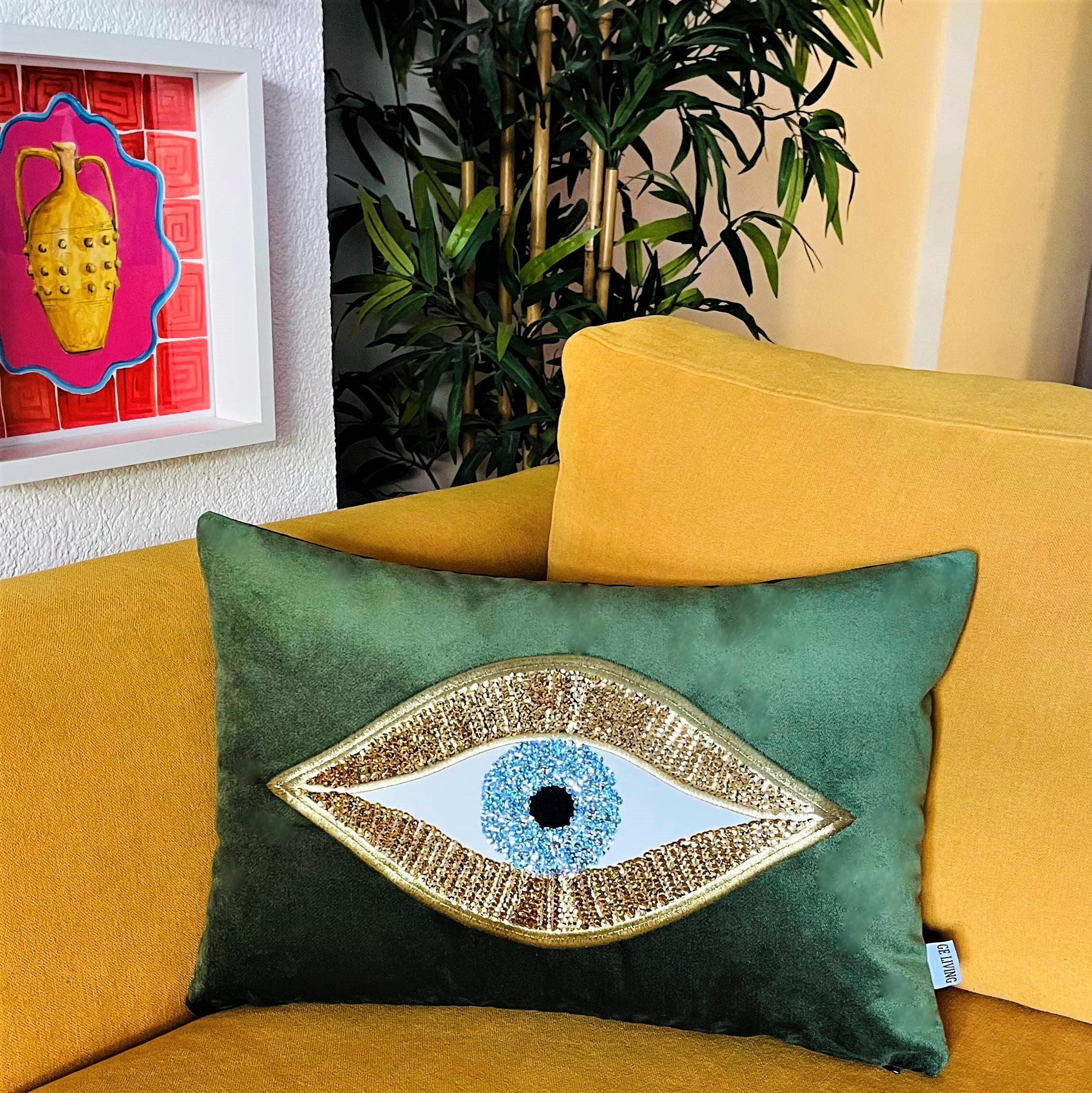 Throw Pillow For Couch - Green Velvet Cushion Cover - Gold Sequin Evil Eye Pattern - Unique Room Decor - Protection against Beady Eyes