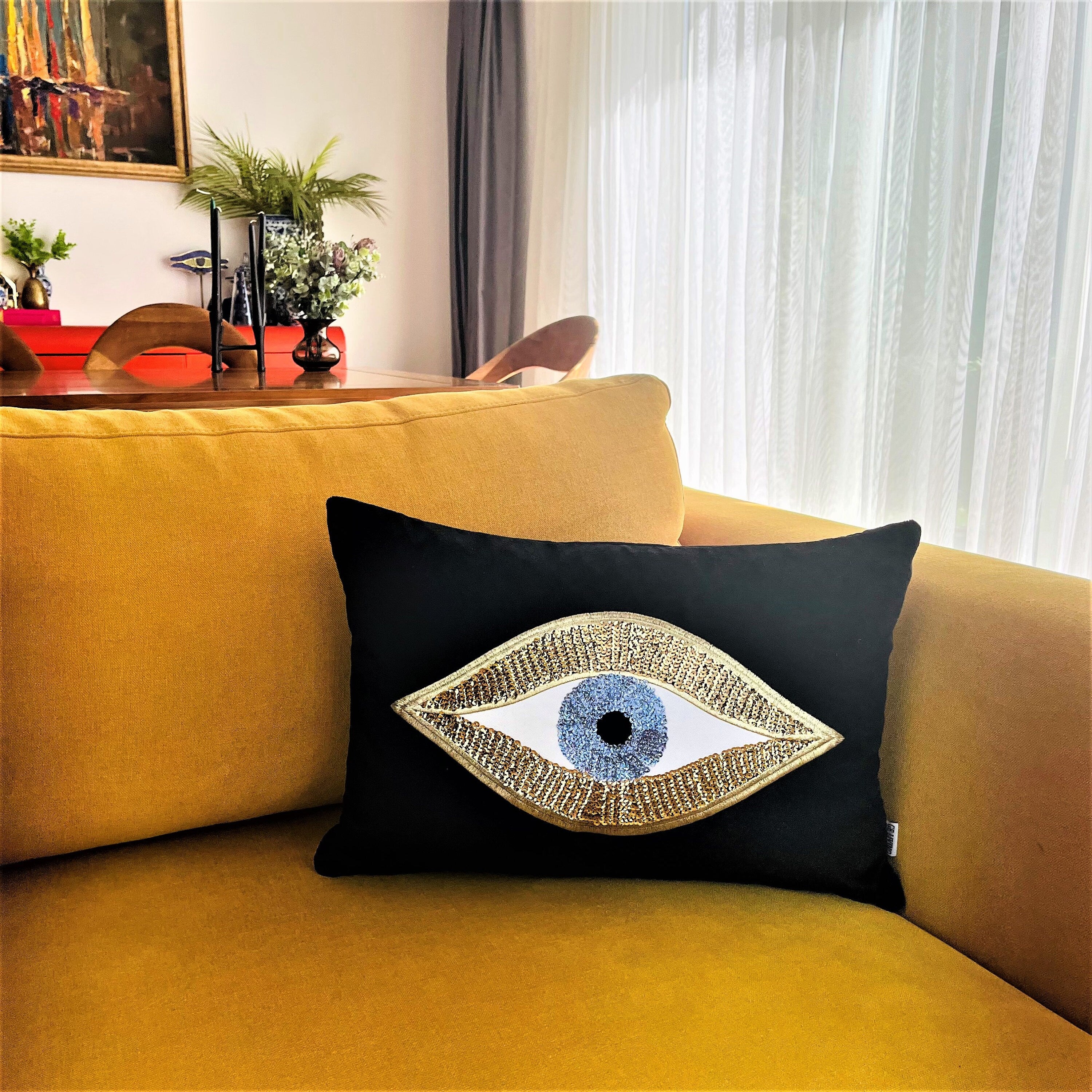 Black Velvet Cushion Cover | Evil Eye Sequinned Throw Pillow | Amulet Room Decor