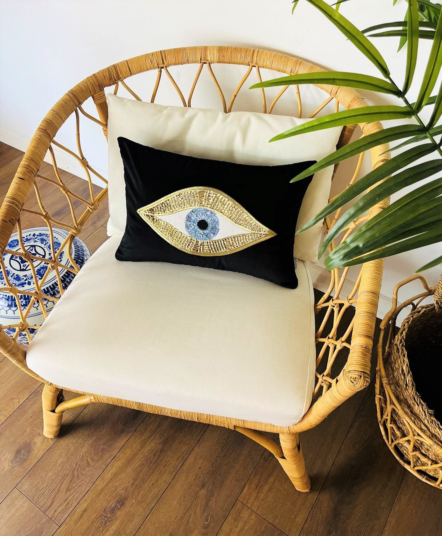 Black Velvet Cushion Cover | Evil Eye Sequinned Throw Pillow | Amulet Room Decor