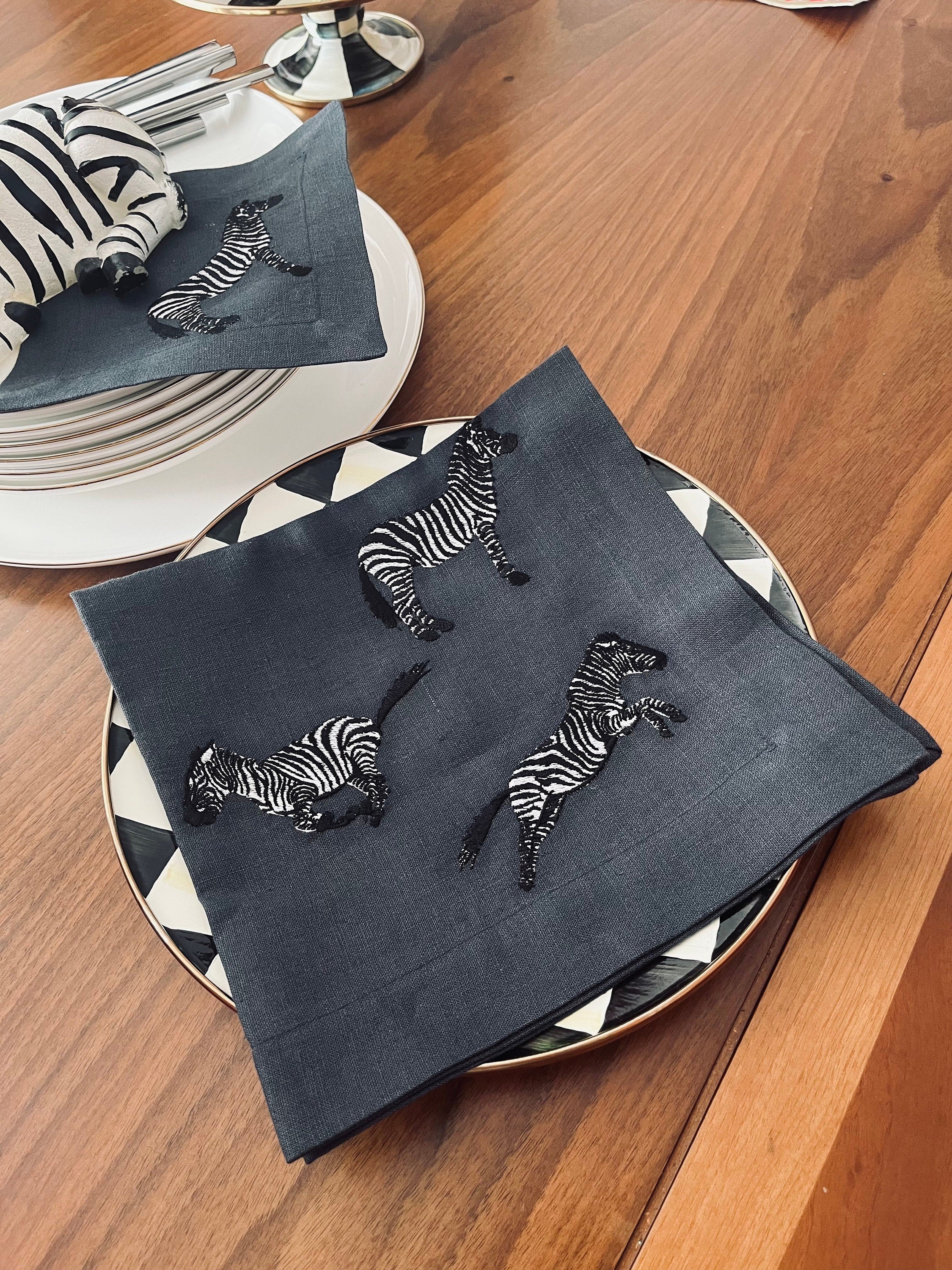 Zebra Patterned Gray Linen Service Napkins - 100% Linen Napkin Set - Gray Serviette Towel Set of 2 4 6 8 - Decorative Embroidered Napkin