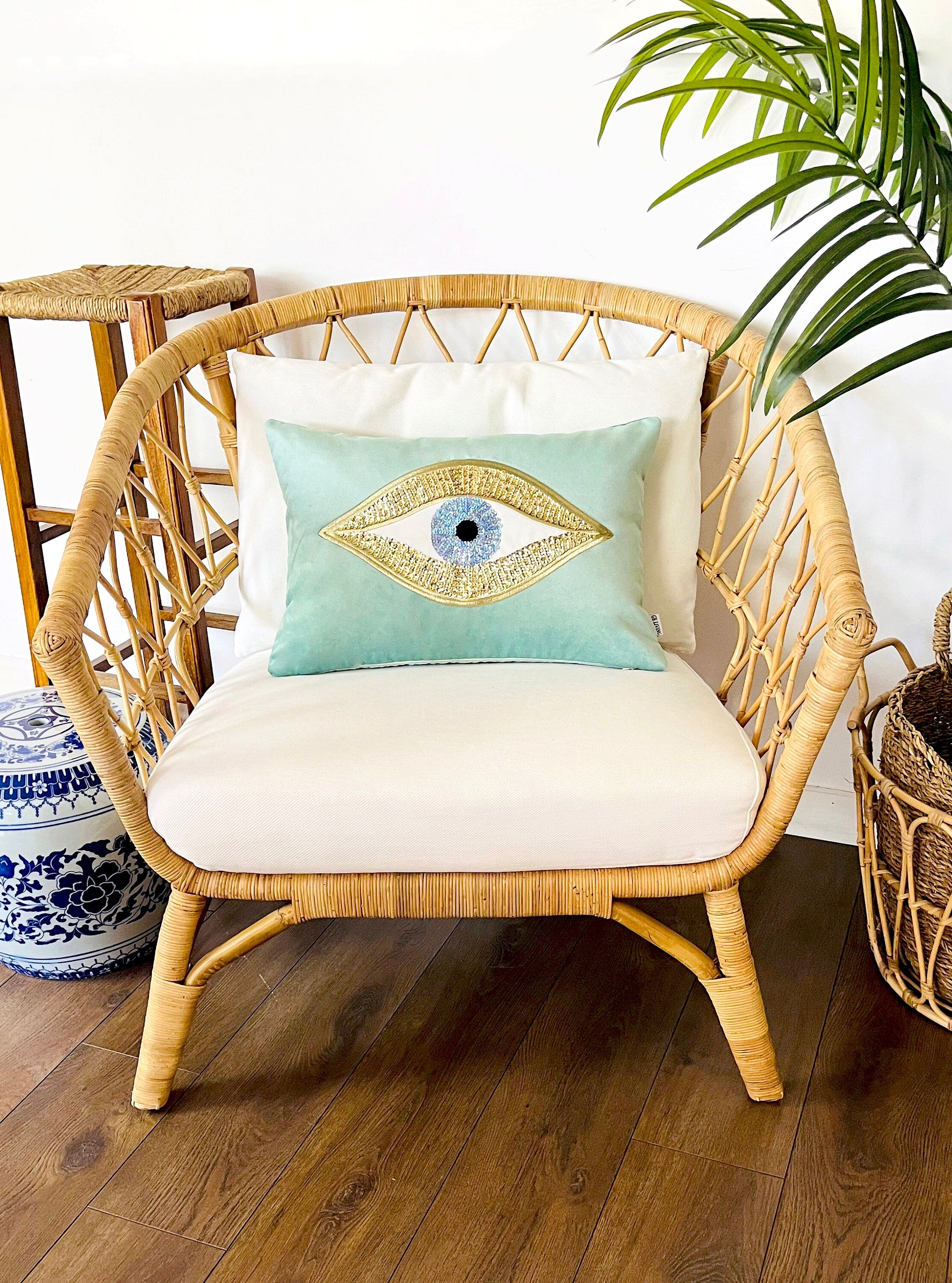 Evil Eye Pattern Throw Pillow Cover For Couch - Jade Green Velvet Gold Sequin Cushion Cover - Protection against Beady Eyes