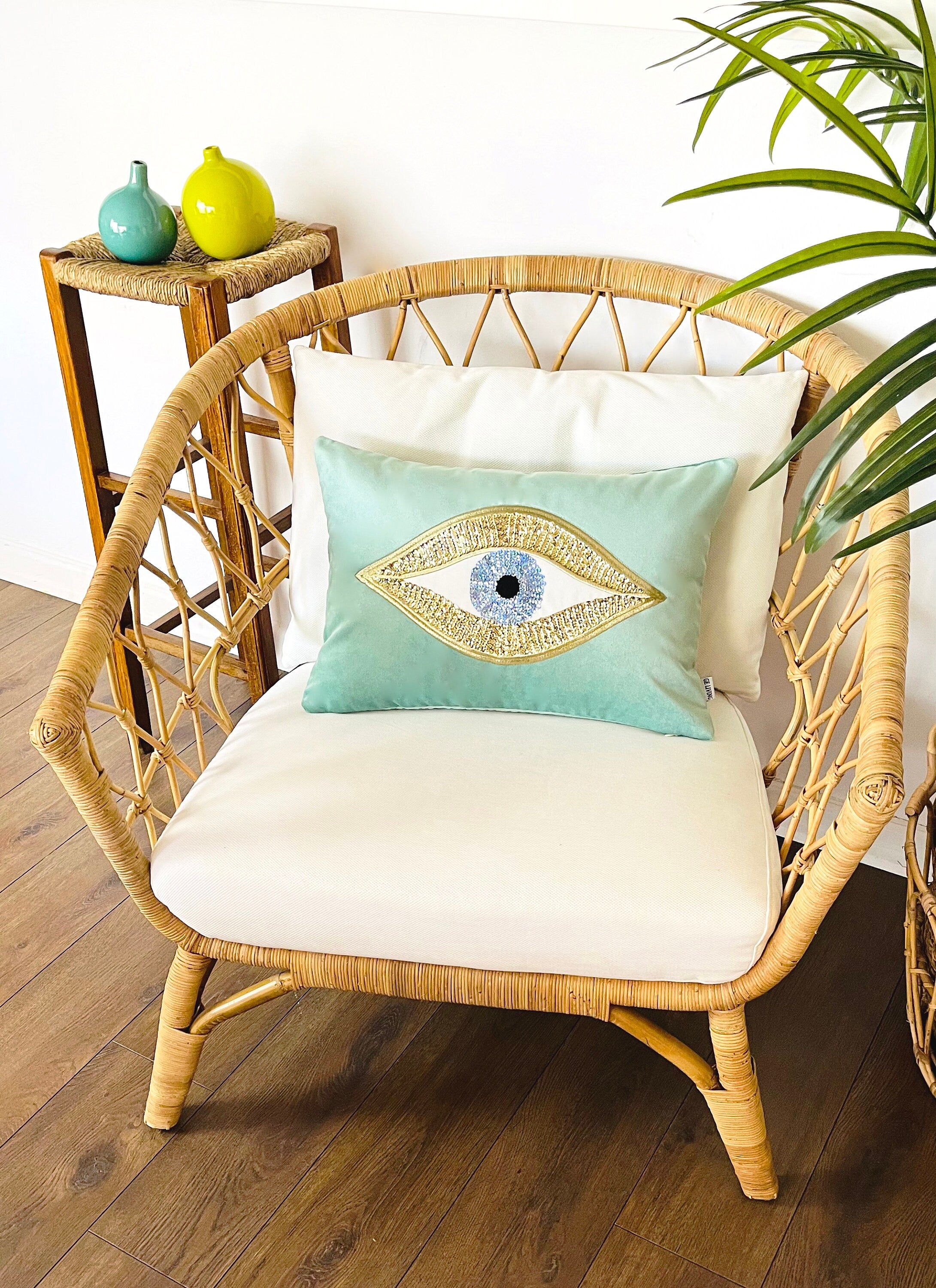 Evil Eye Pattern Throw Pillow Cover For Couch - Jade Green Velvet Gold Sequin Cushion Cover - Protection against Beady Eyes