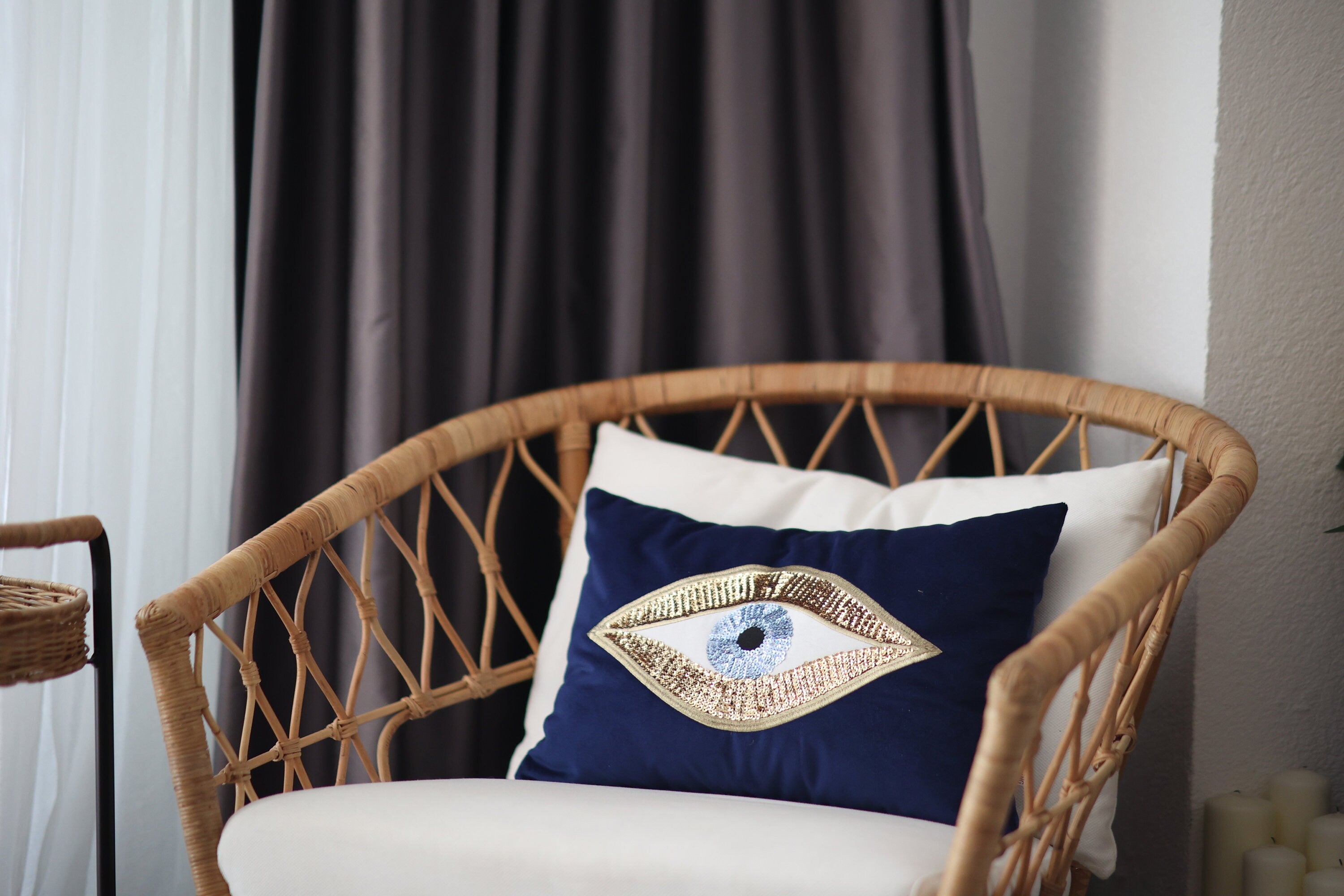 Evil Eye Pattern Throw Pillow Cover For Couch - Midnight Blue Velvet Gold Sequin Cushion Cover - Protection against Beady Eyes