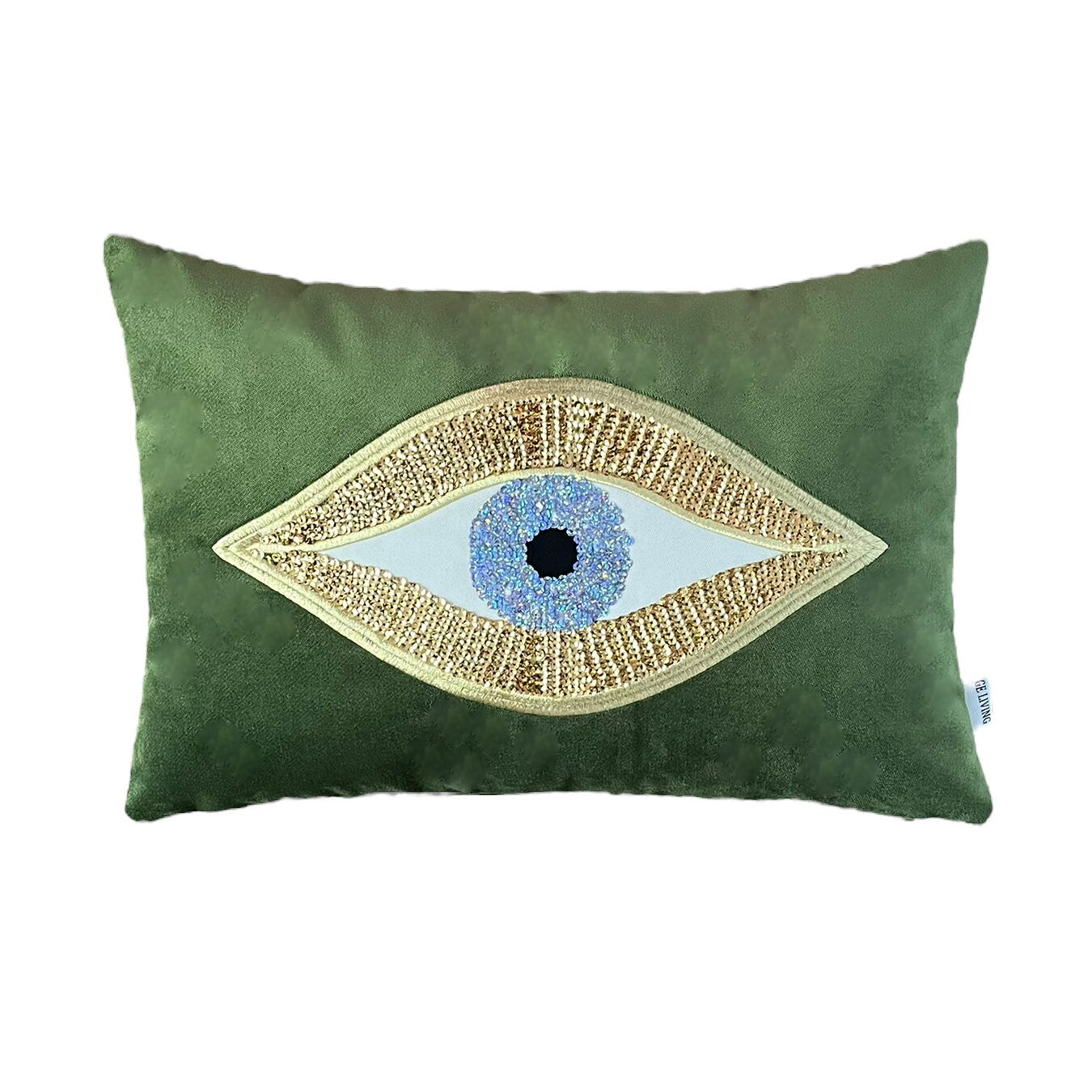 Throw Pillow For Couch - Green Velvet Cushion Cover - Gold Sequin Evil Eye Pattern - Unique Room Decor - Protection against Beady Eyes