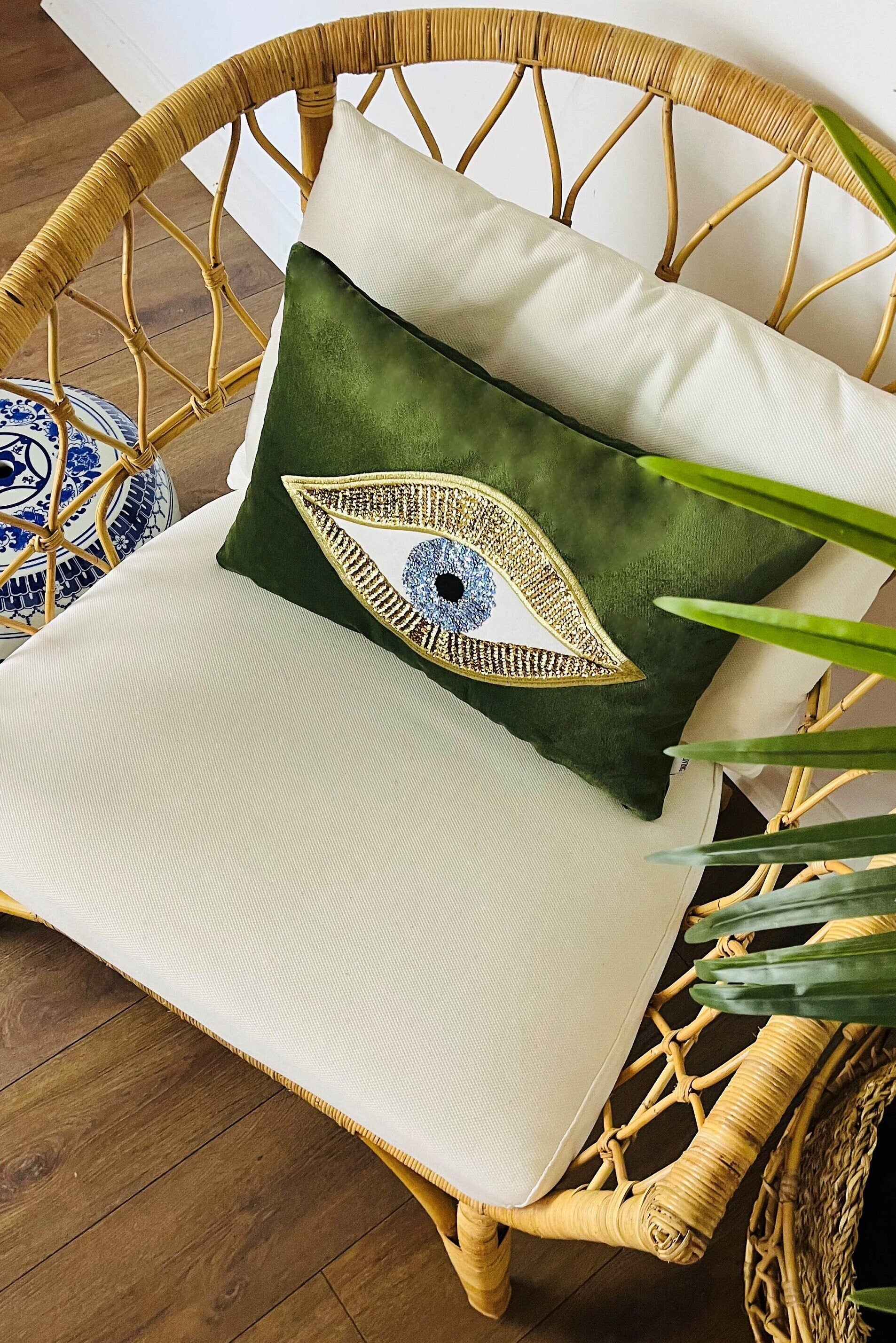 Throw Pillow For Couch - Green Velvet Cushion Cover - Gold Sequin Evil Eye Pattern - Unique Room Decor - Protection against Beady Eyes