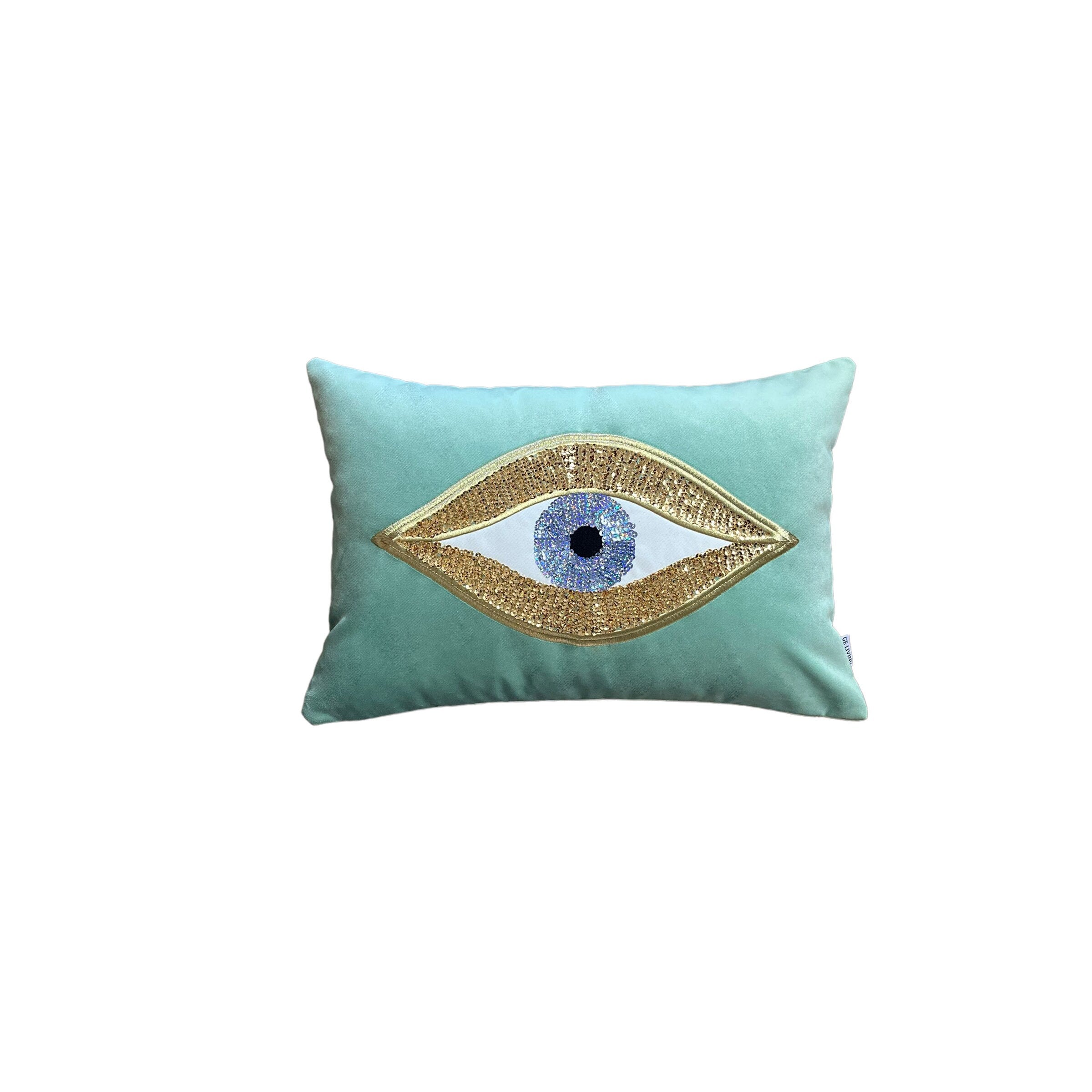 Evil Eye Pattern Throw Pillow Cover For Couch - Jade Green Velvet Gold Sequin Cushion Cover - Protection against Beady Eyes