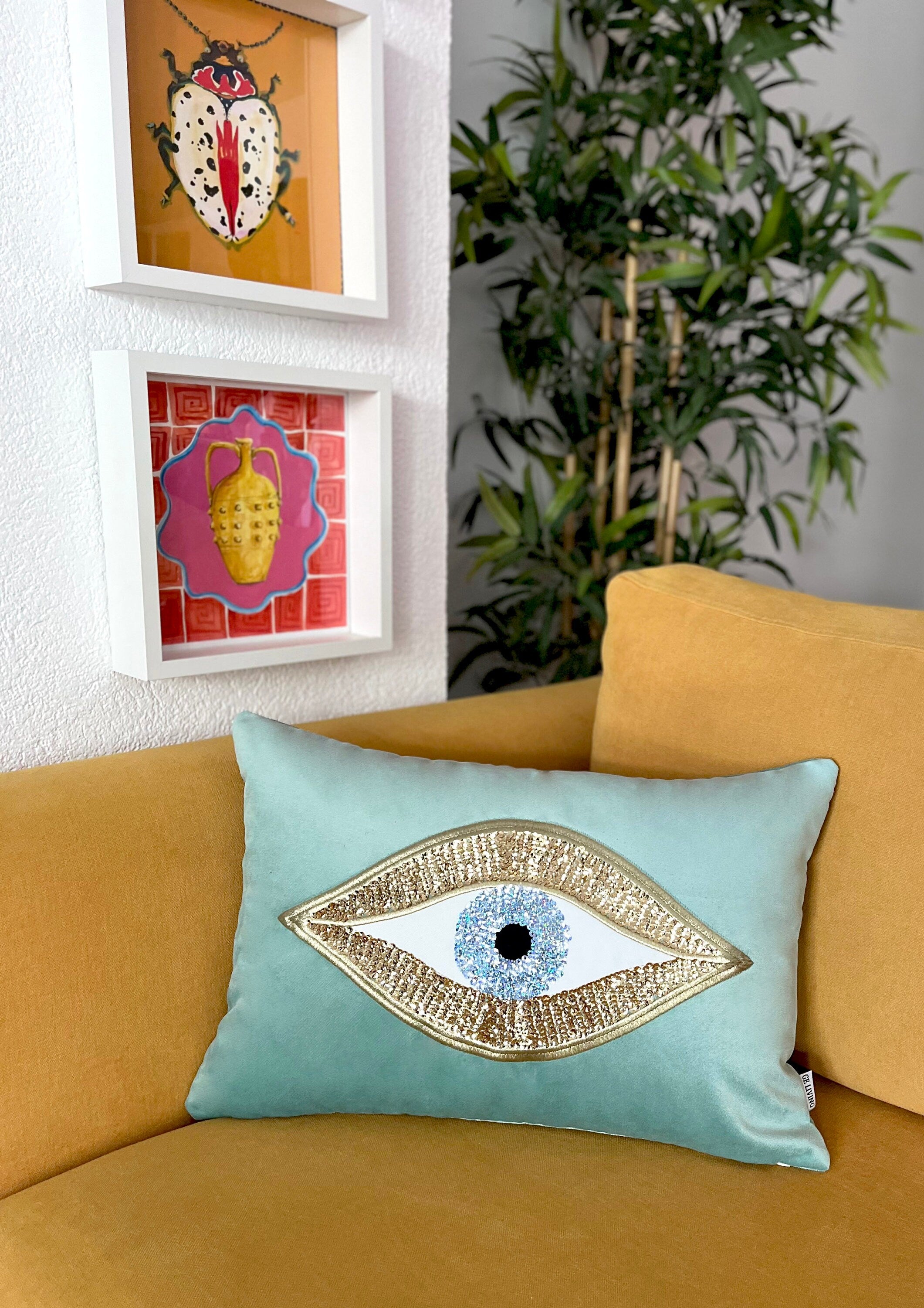 Evil Eye Pattern Throw Pillow Cover For Couch - Jade Green Velvet Gold Sequin Cushion Cover - Protection against Beady Eyes