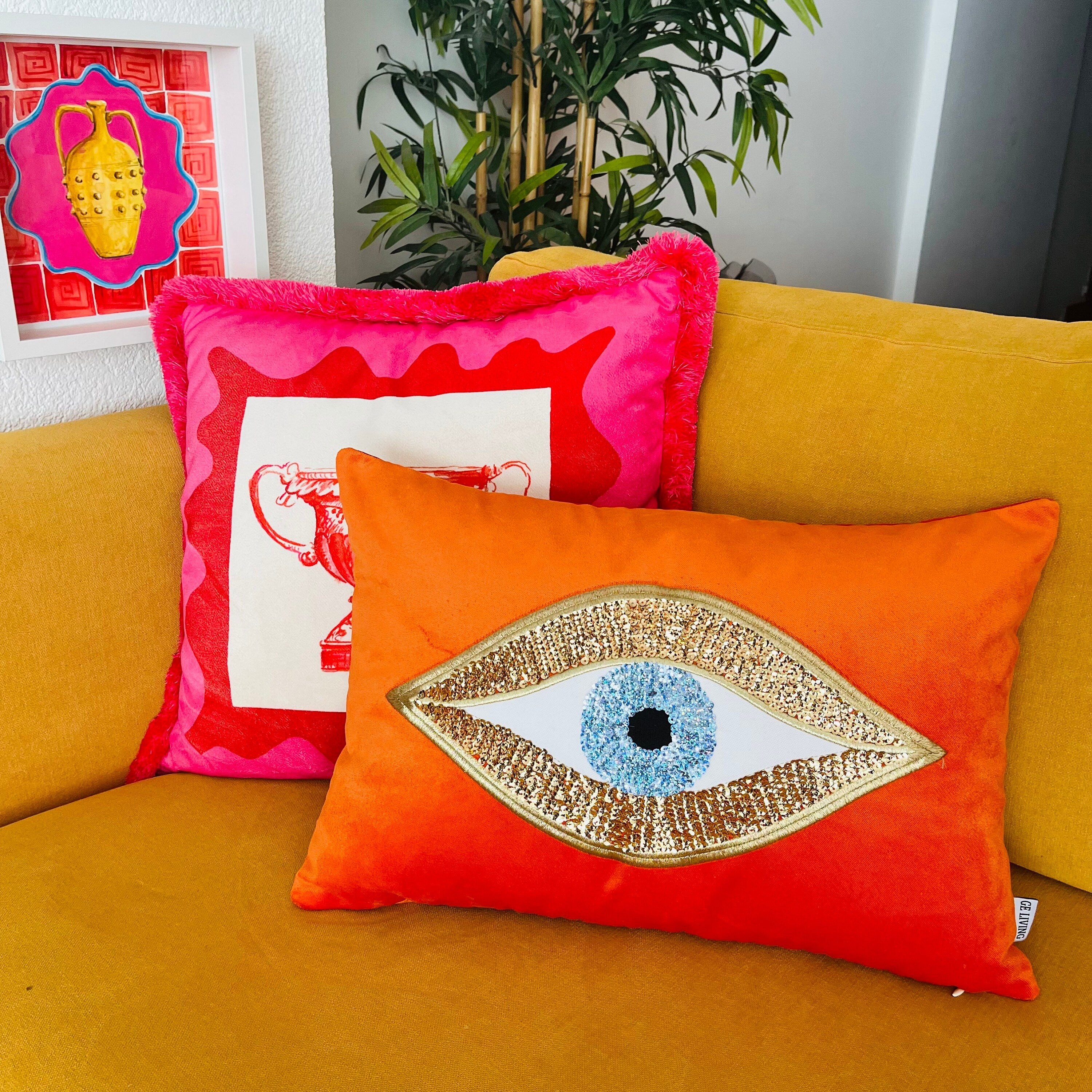 Eye Pattern Throw Pillow For Couch - Orange Velvet Cushion Cover - Gold Sequin Evil Eye Pattern - Room Decor - Protection against Beady Eyes