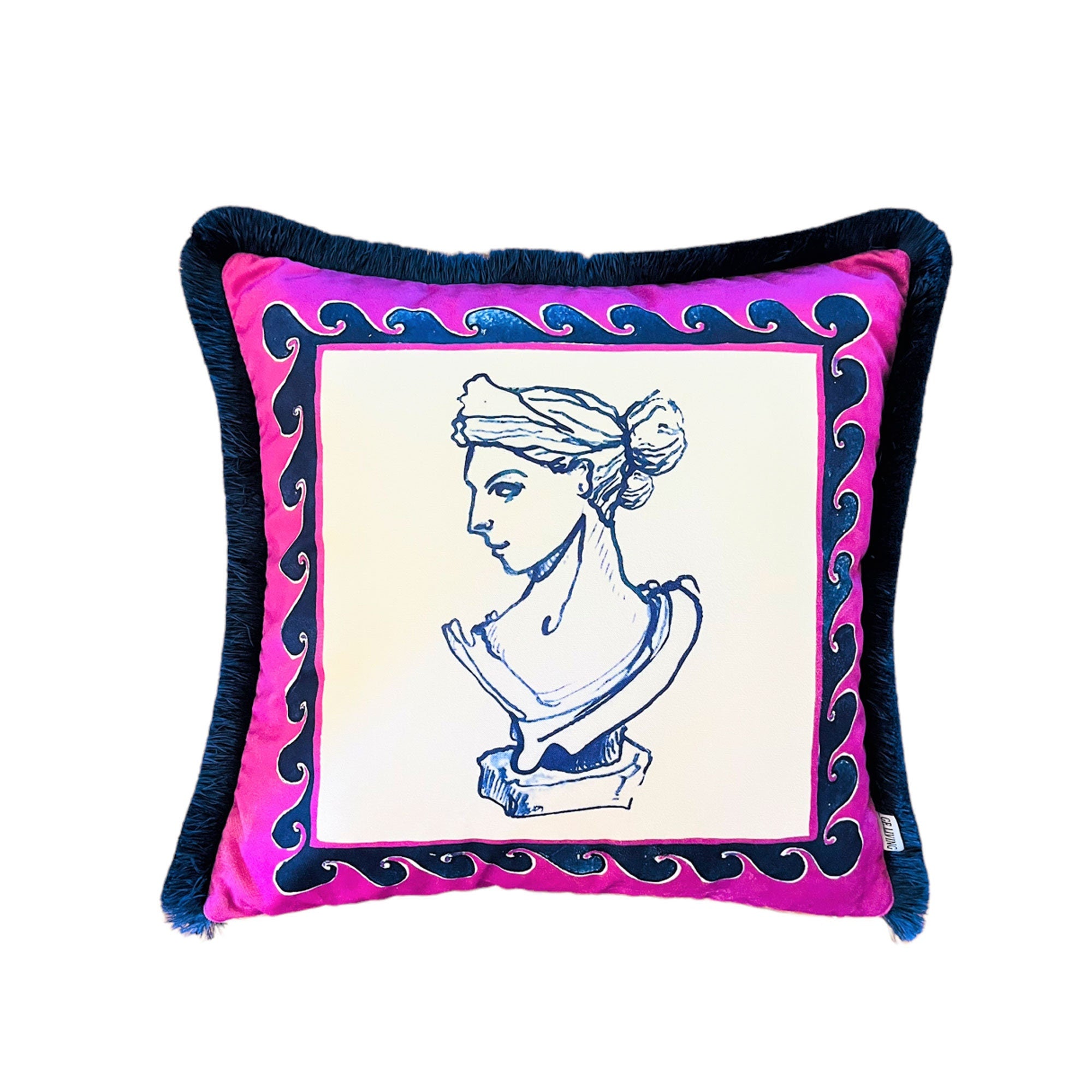 Antique Bust Pattern Throw Pillow Cover - Purple Velvet Pillow Case - Navy Tassel Cushion - Roman Woman Sculpture Statues - Greek Bust