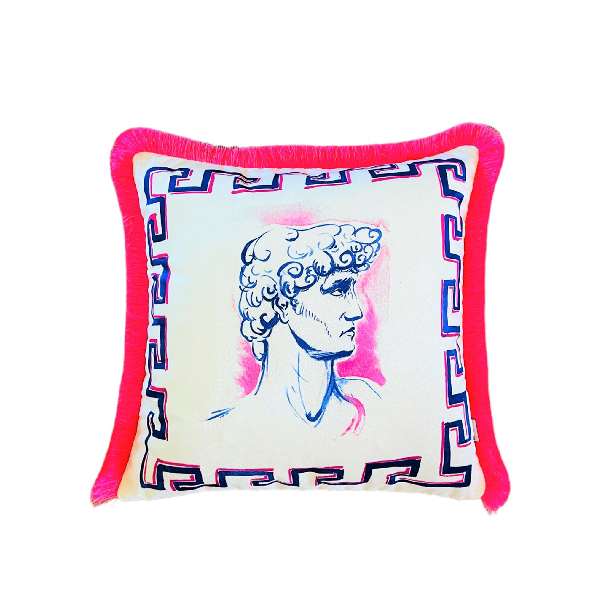 Marcus Antonius Sculpture Pattern Throw Pillow Cover - Statuette Decor - Pink Tassel Velvet Cushion - Double Sided